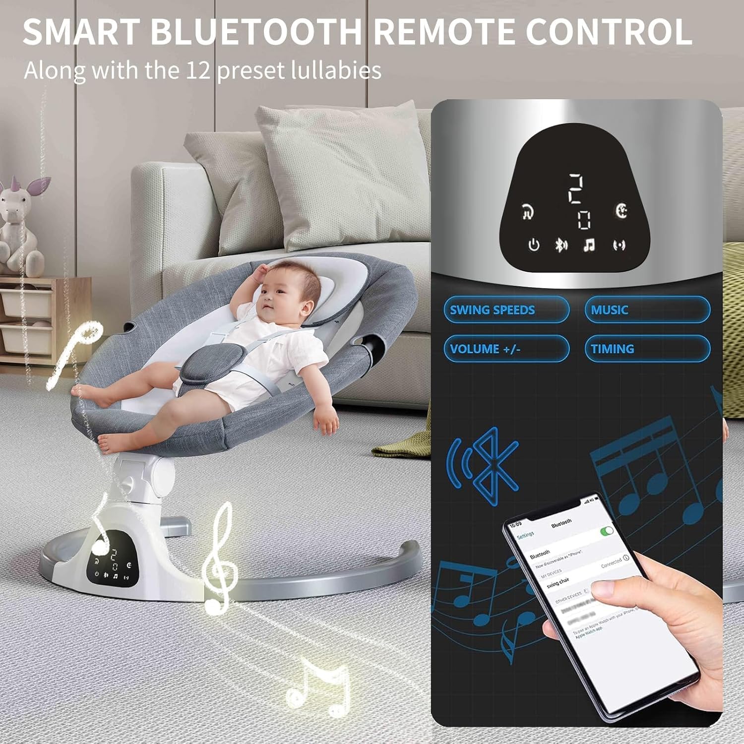 Ajustable Altura Baby Swings Bluetooth, altavoz de música de 5 velocidades con 12 canciones de cuna preestablecidas, control remoto para bebés de 5 a 20 meses, juegos de regalo para bebés (gris)