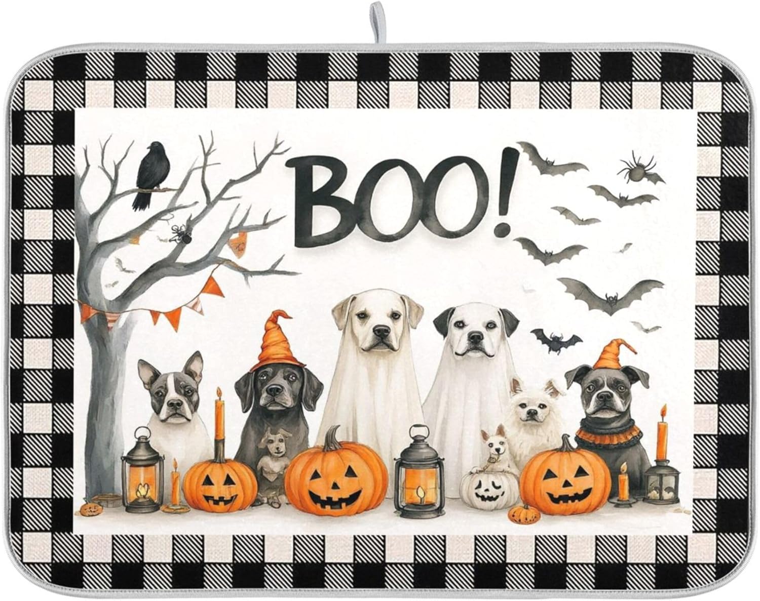 Halloween Dogs Dish Drying Mat for Kitchen Countertop 18×24 Raven Bat Pumpkin Black Buffalo Plaid Large Drying Mat Reusable Quick Dry Dish Sink Mats Easy Clean Decorative Essentials