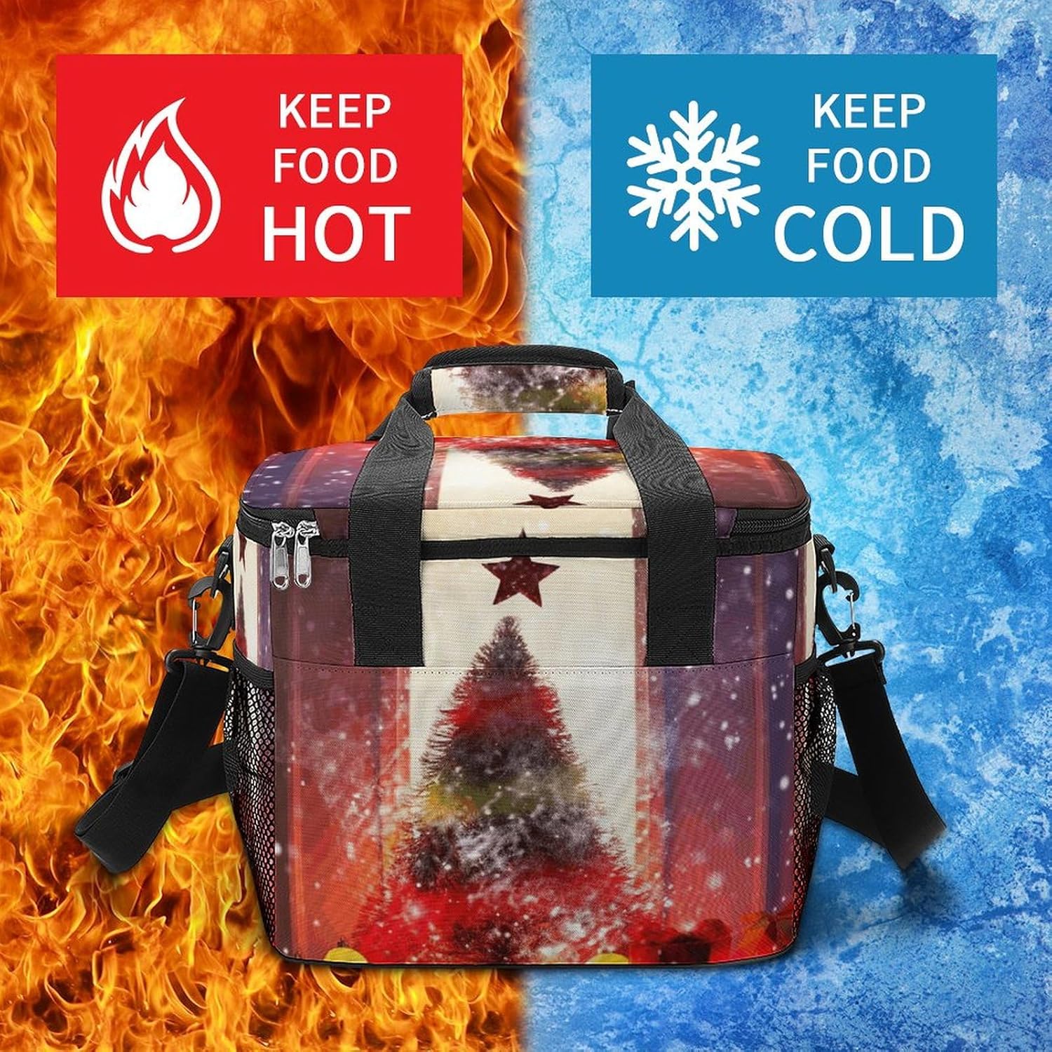 Camping Ice Pack, Xmas Party Print Cooler Bag, 22.5L Large Capacity Insulated Lunch Tote Bag for Outdoor, Picnic, BBQ, Travel, Work