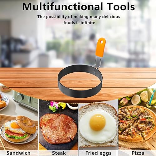 Miniatura 7 de Juego de 5 anillos de huevo con mango de silicona, anillos de huevo de acero inoxidable para moldes de huevos a la plancha para cocinar magdalenas,