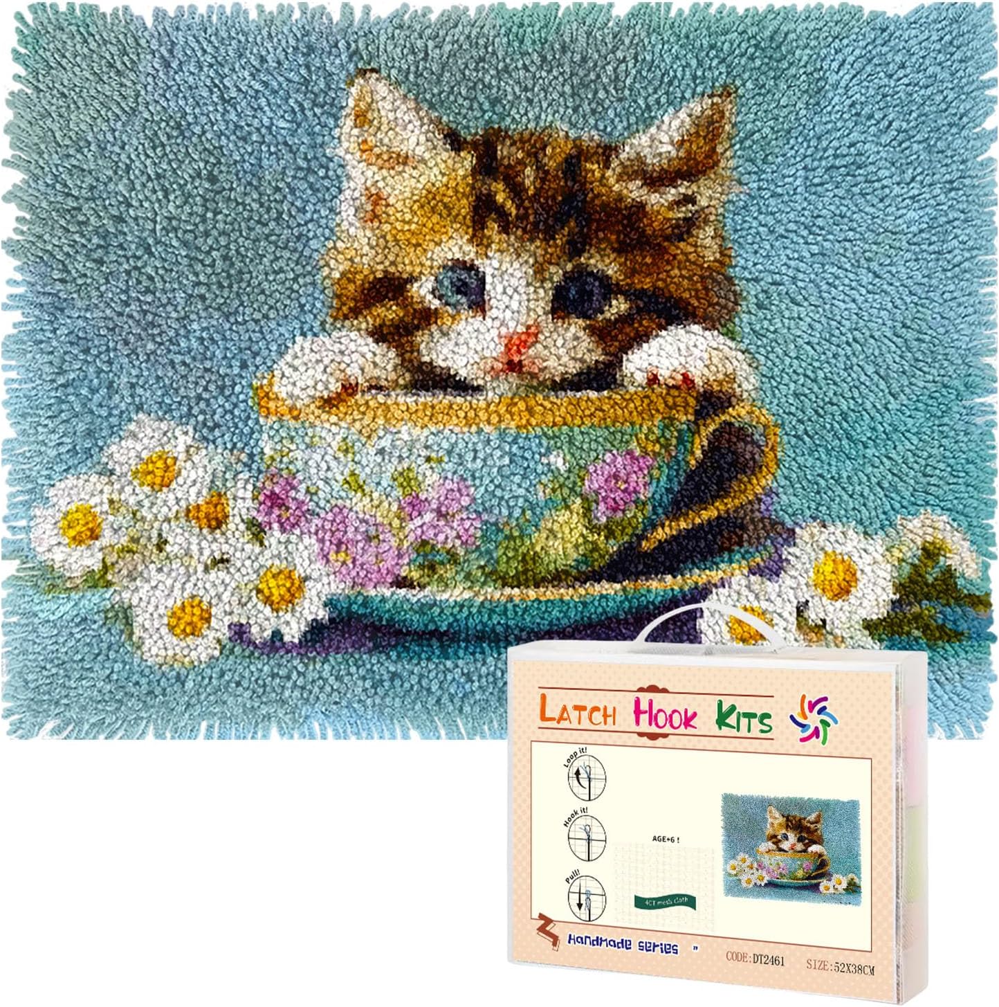 Latch Hook Rug Kit Cute Kitten in Teacup with Daisy Flowers Pre-Printed Handmade Carpet Crochet Yarn Craft DIY Hook and Latch Door Mat Tapestry for Home Floor Decoration 52x38cm-3
