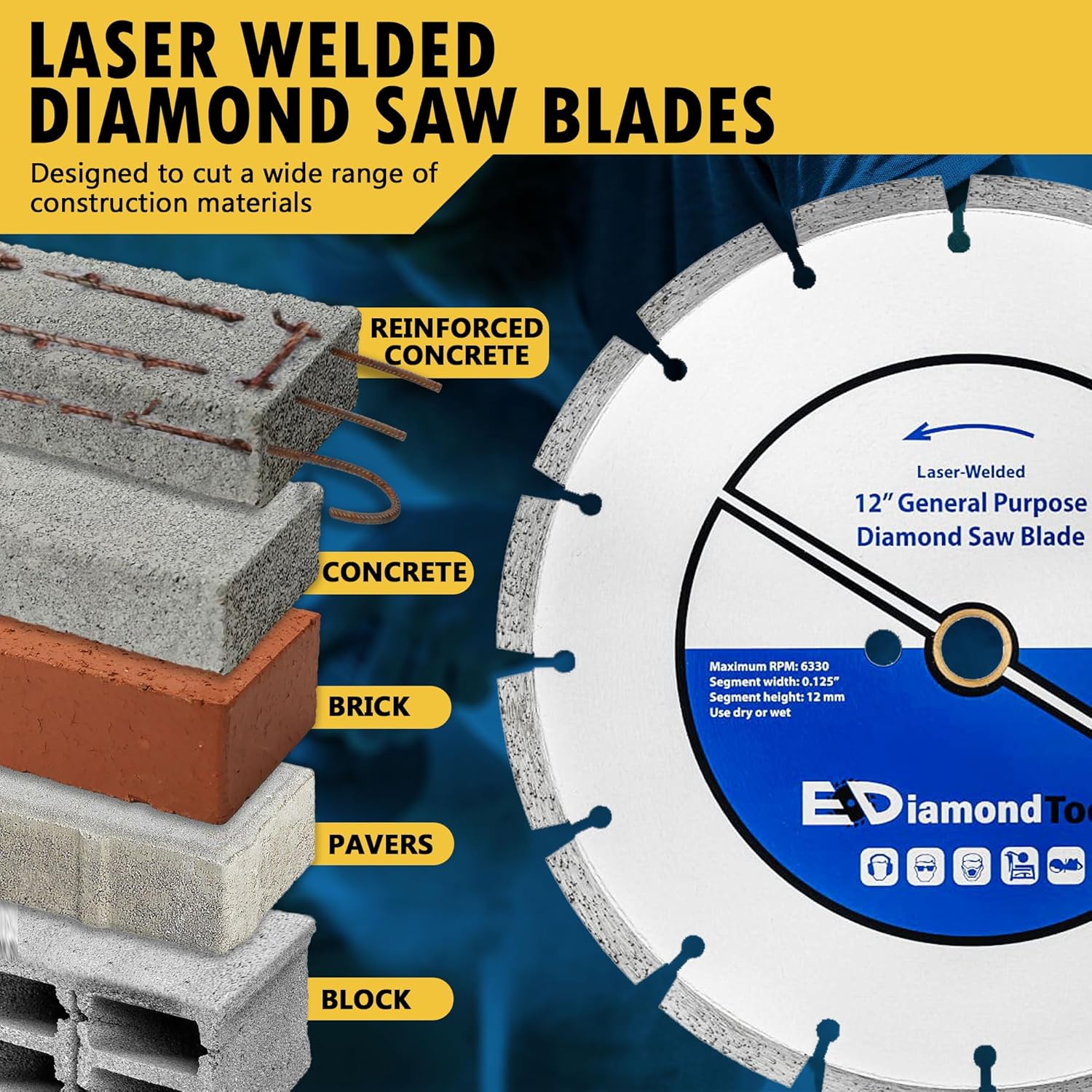 12" Laser Welded Diamond Saw Blade for Concrete, Brick, Block and Masonry, Heat Treated Blade Core, Dry or Wet, 1" Arbor