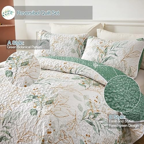 Miniatura 2 de Colcha floral tamaño Queen, edredón botánico verde Queen de 3 piezas, colcha suave reversible tamaño Queen para todas las estaciones (96 x 90
