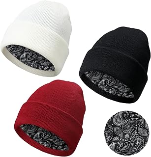3 Pcs Winter Satin Lined Beanie Hat Warm Cap Cuffed Plain Satin Hat Winter Knit Cap with Lining for Men Women Girl Boy (Black, White, Burgundy, Classic Style)