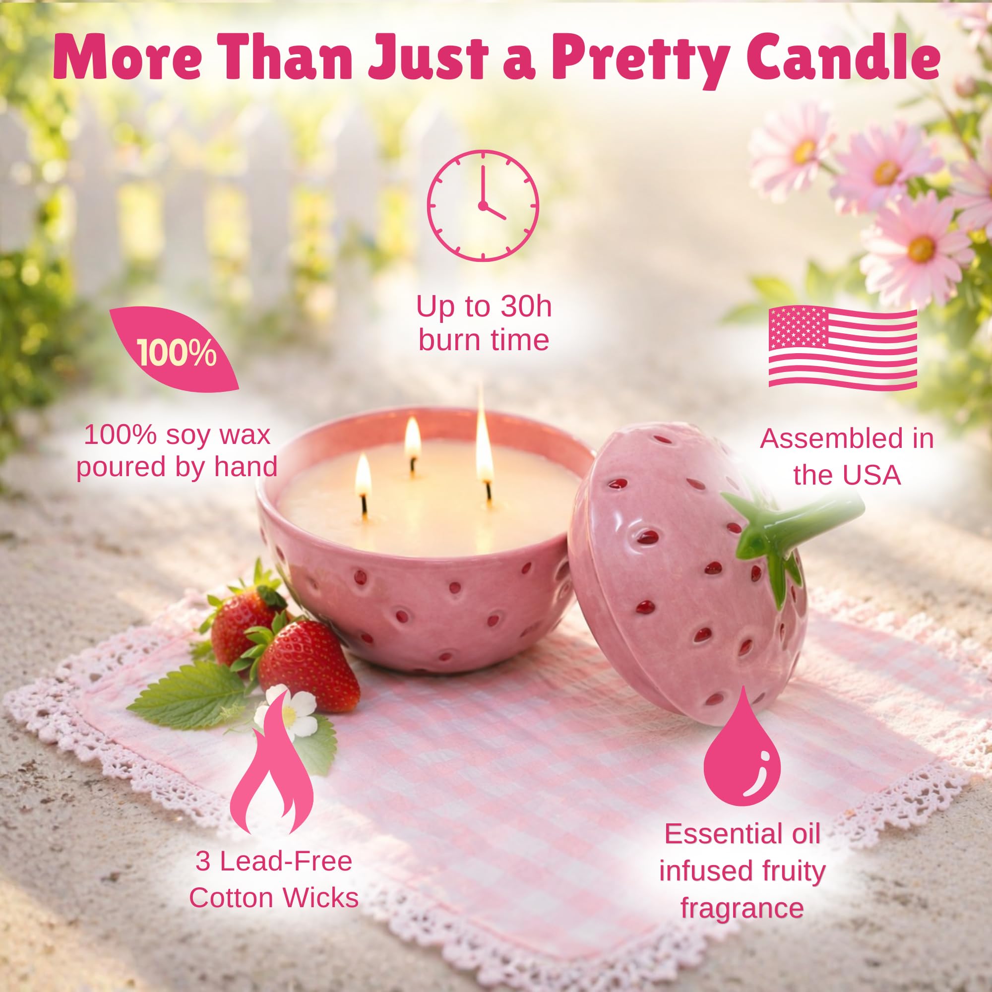 Vela de fresa – Velas perfumadas de 3 mechas de 5 x 5.5, 100 % cera de soja, aromaterapia afrutada altamente perfumada de larga duración, decoración de habitación rosa caprichosa, pequeños