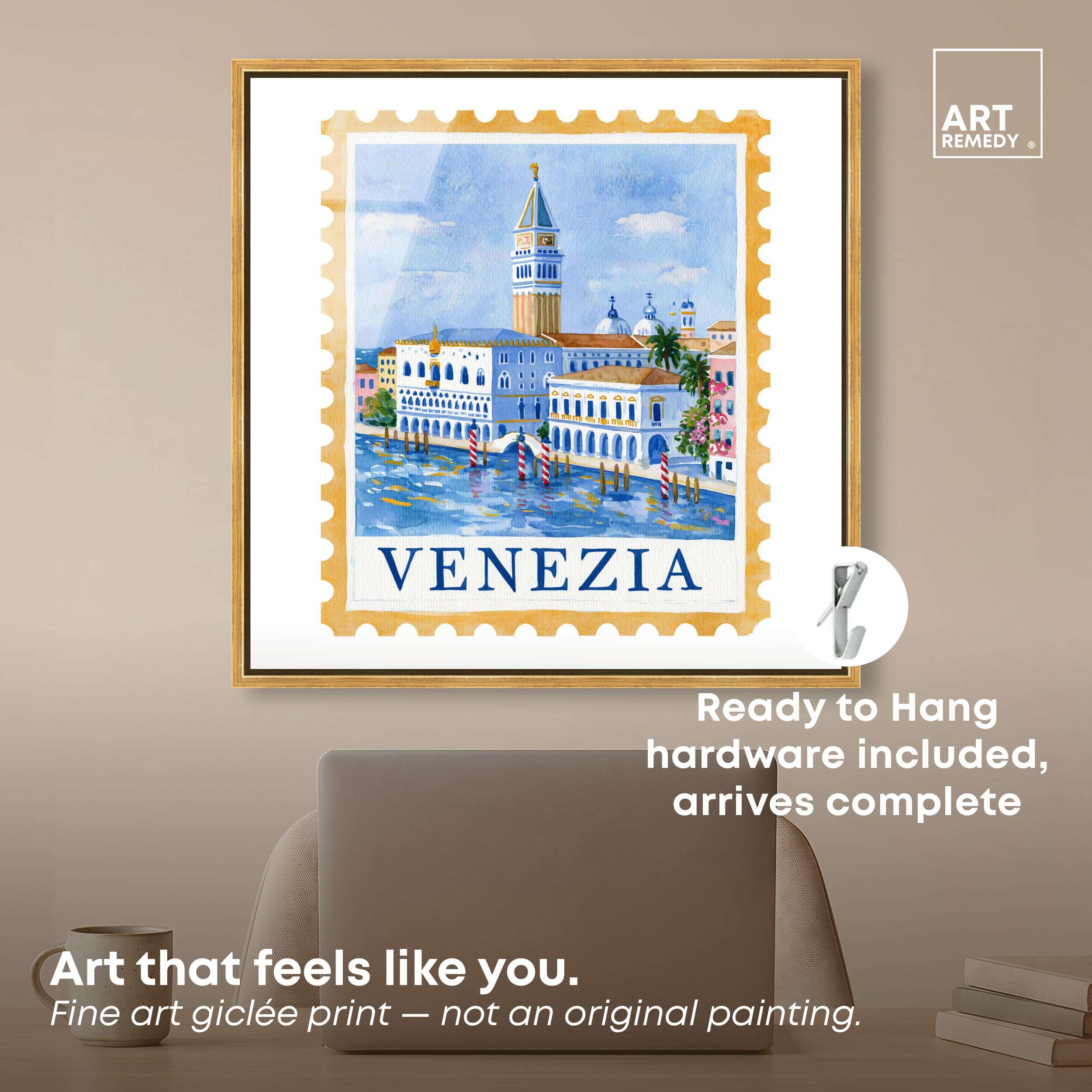 Art Remedy Venezia II Gerahmter Acryldruck, niedliches Poster, Wandkunst, goldener Rahmen, 61 x 61 cm