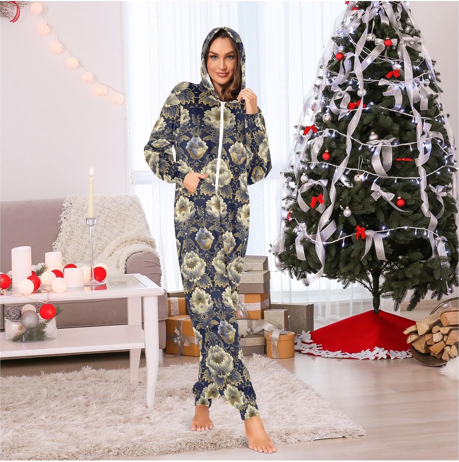 ZZKKO Vintage Floral Adult Onesie Pajamas for Women Men Cozy One Piece Pajamas Costume Zip-Up Hooded S-XL