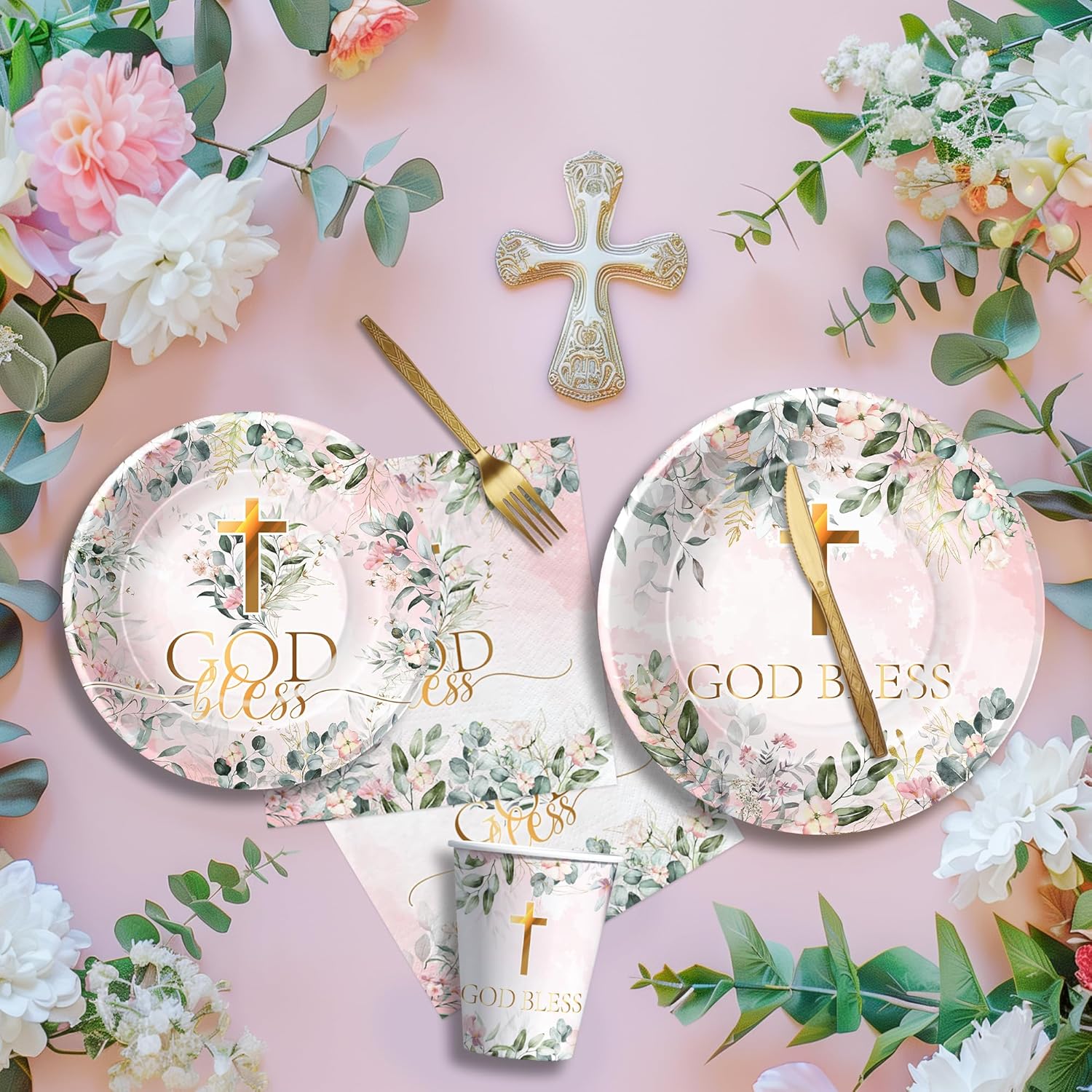 God Bless Baptism Plates And Napkins Girl - First Communion Decorations Party Tableware, Plate, Cup, Napkin, Tablecloth, Cutlery, For Christening Celebration Baby Shower Religious | Serve 24