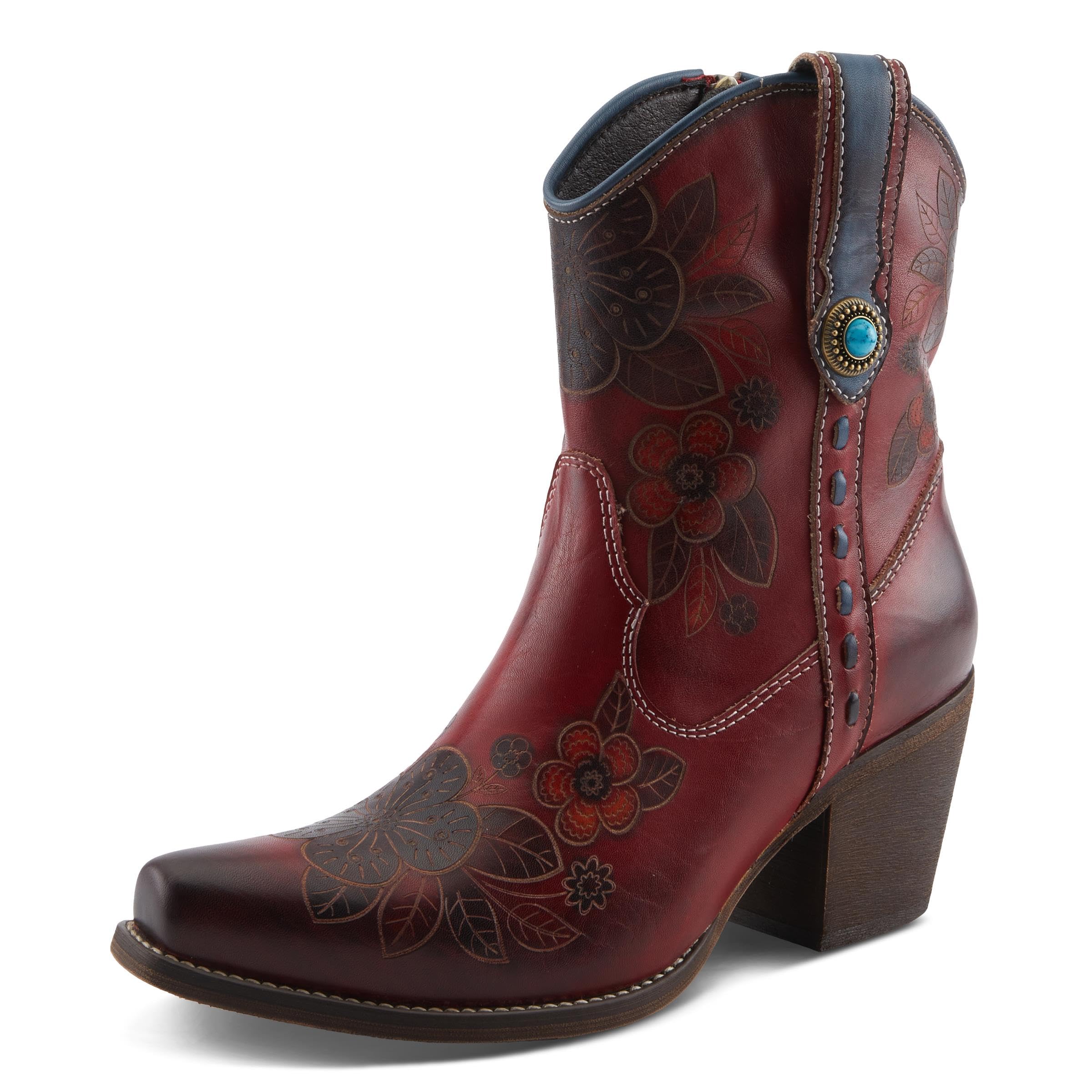 Spring Step LArtiste Cahoots Western Booties Hand-Painted Floral Embossed Leather Ankle Boots