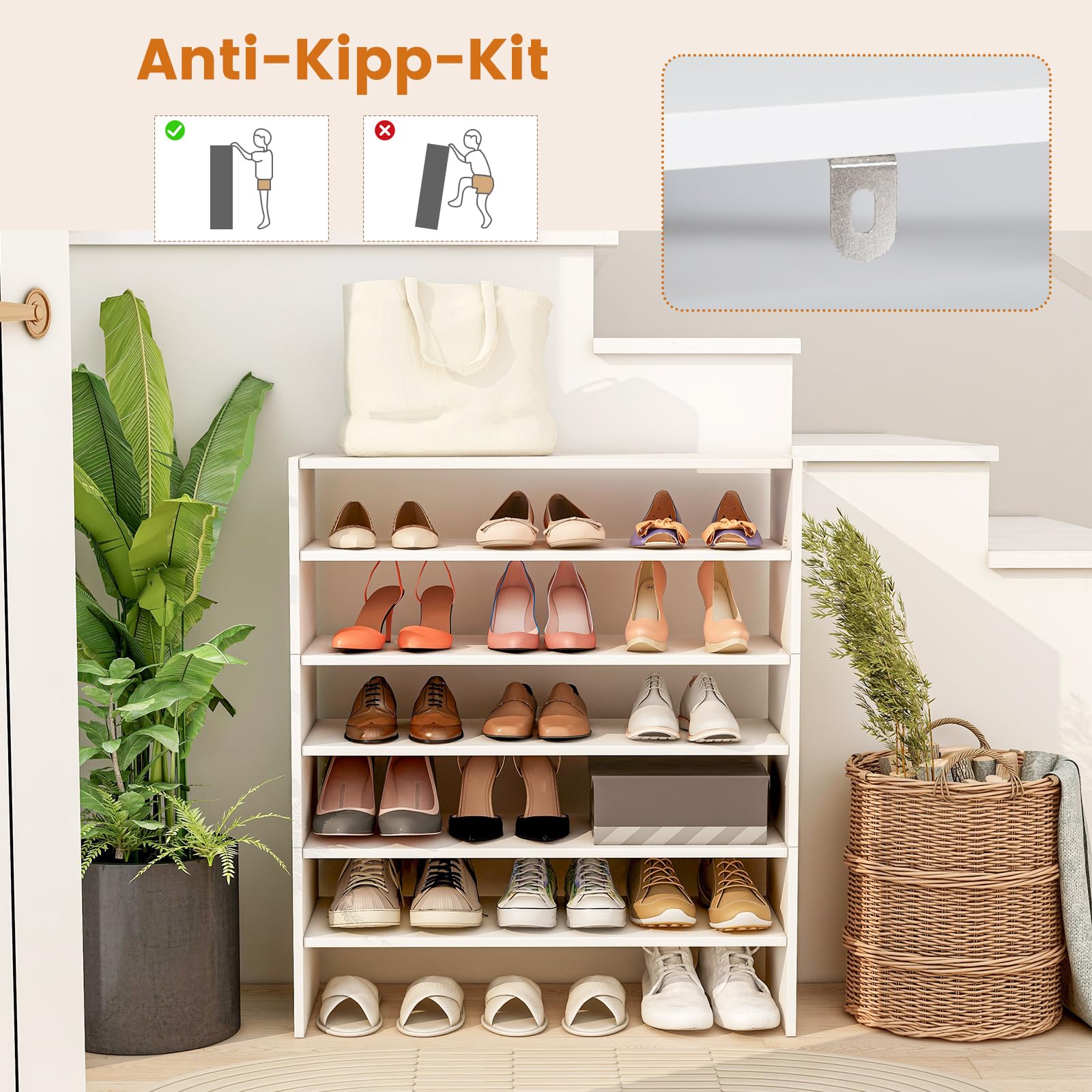 COSTWAY 5-stufiger stapelbares Schuhregal, Schuhschrank offen, 78 x 30 x 90 cm, Schuhablage aus Holz, für Eingangsbereich, Flur, frei kombinierbar, Weiß