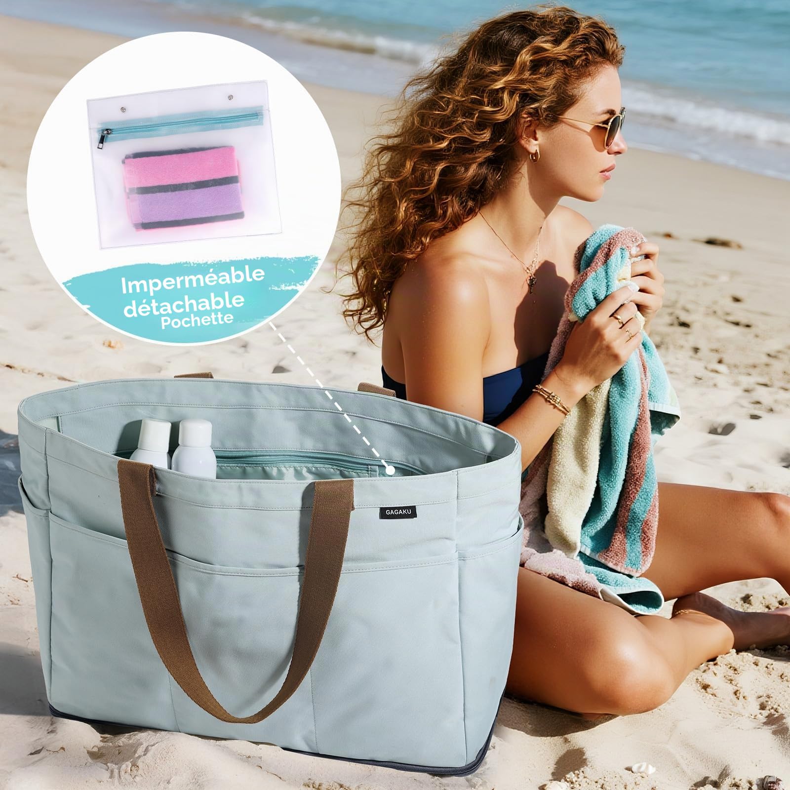 GAGAKU Sac de Plage XXL avec Compartiment Isotherme, Sac de Plage imperméable avec Fermeture éclair – Grand Sac de Bain Pliable pour Famille, Femme, Piscine, Voyage – Bleu 50 x 38 x 19 cm
