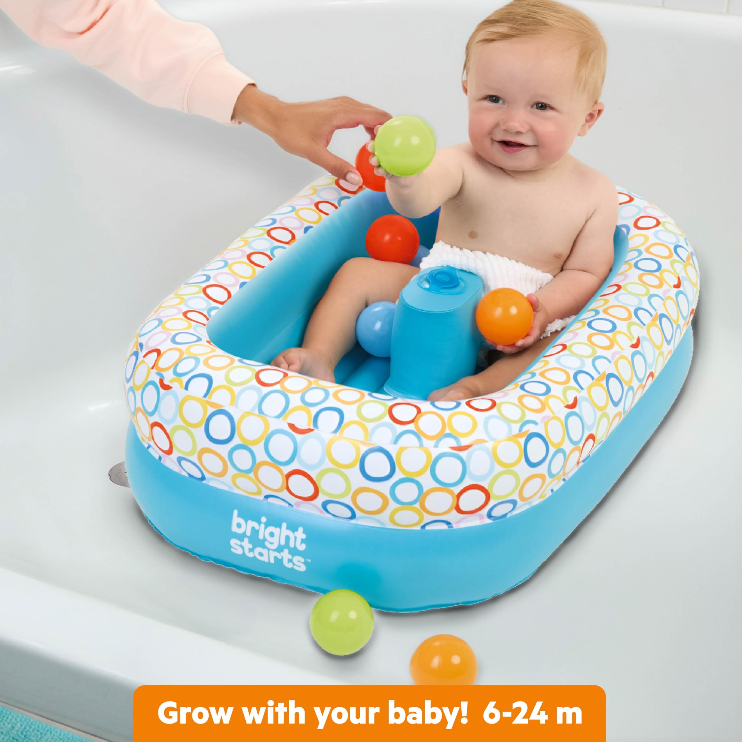 Bright Starts, 2 en 1 Bañera plegable y Piscina de Bolas, Bañera Hinchable para Bebé con Bomba de Aire Integrada y 8 Bolas Flotantes, Bañera inflable, Ideal para Bebés a partir de 6 meses