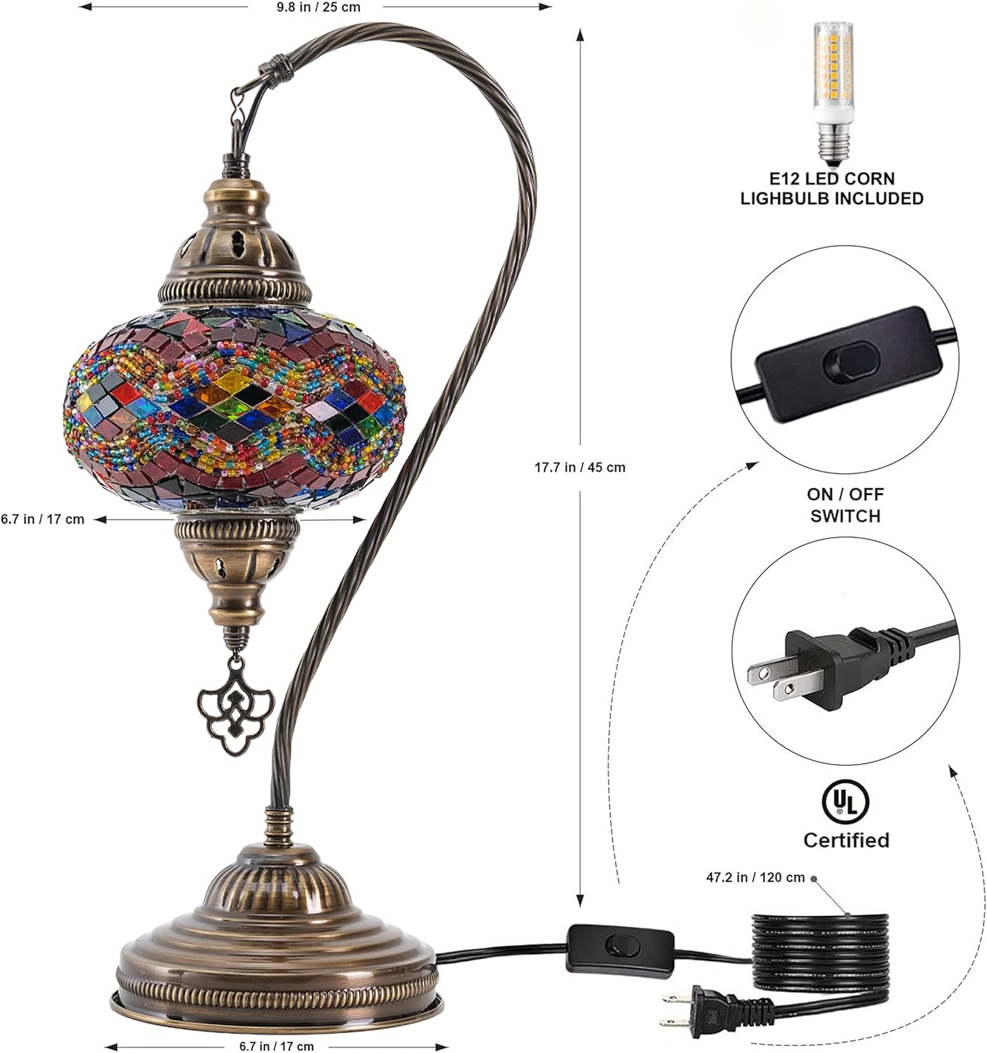 Mozaist Turkish Mosaic Lamp – Handmade Swan Neck Table Light with Multi Color, Includes Bulb