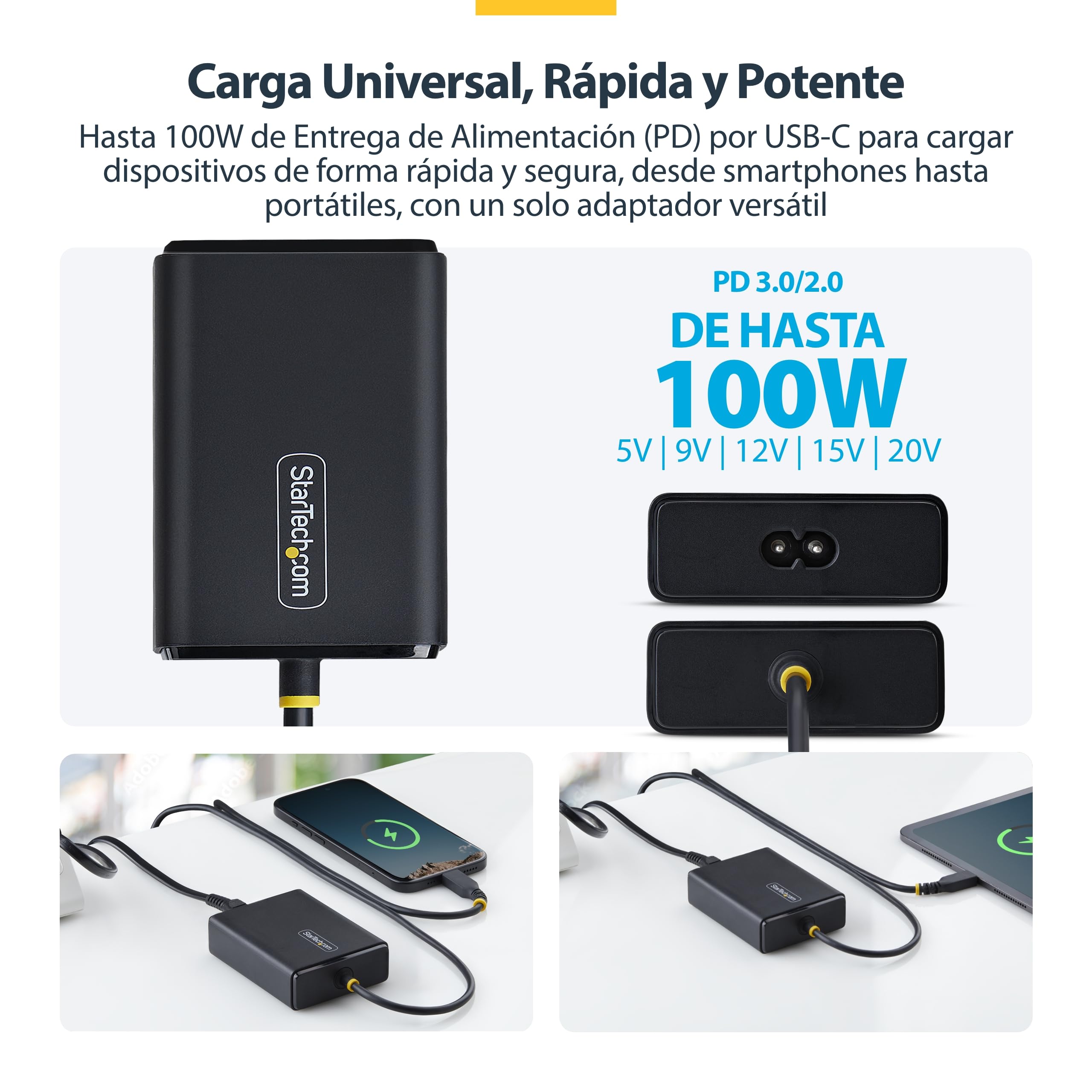 StarTech Cargador USB-C 100W Portátil Cable 1,5m MacBook Pro DELL XPS | Cable de alimentación de 1, 8m, Certificación ETL y CE, Cumple con DOE Nivel VI