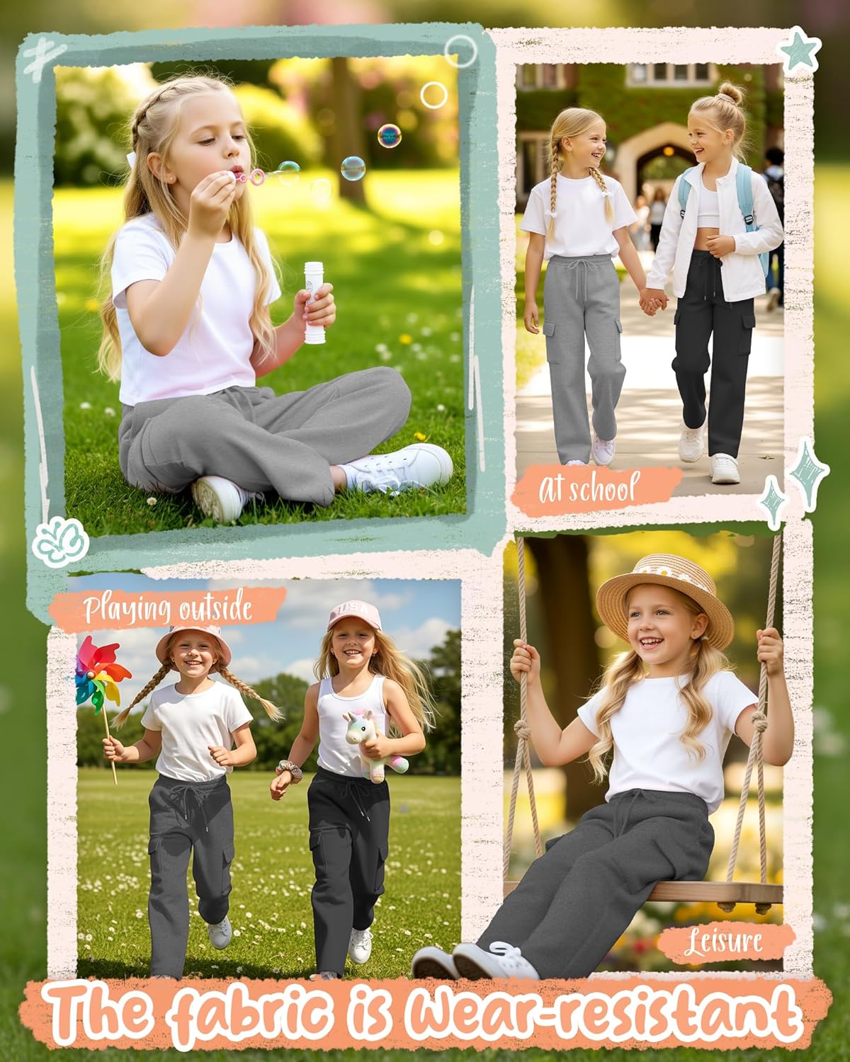 3 Pack Girls' Cargo Sweatpants Kids Wide Leg Pants Loose Baggy Elastic Drawstring Joggers with 4 Pockets 5-14 Years