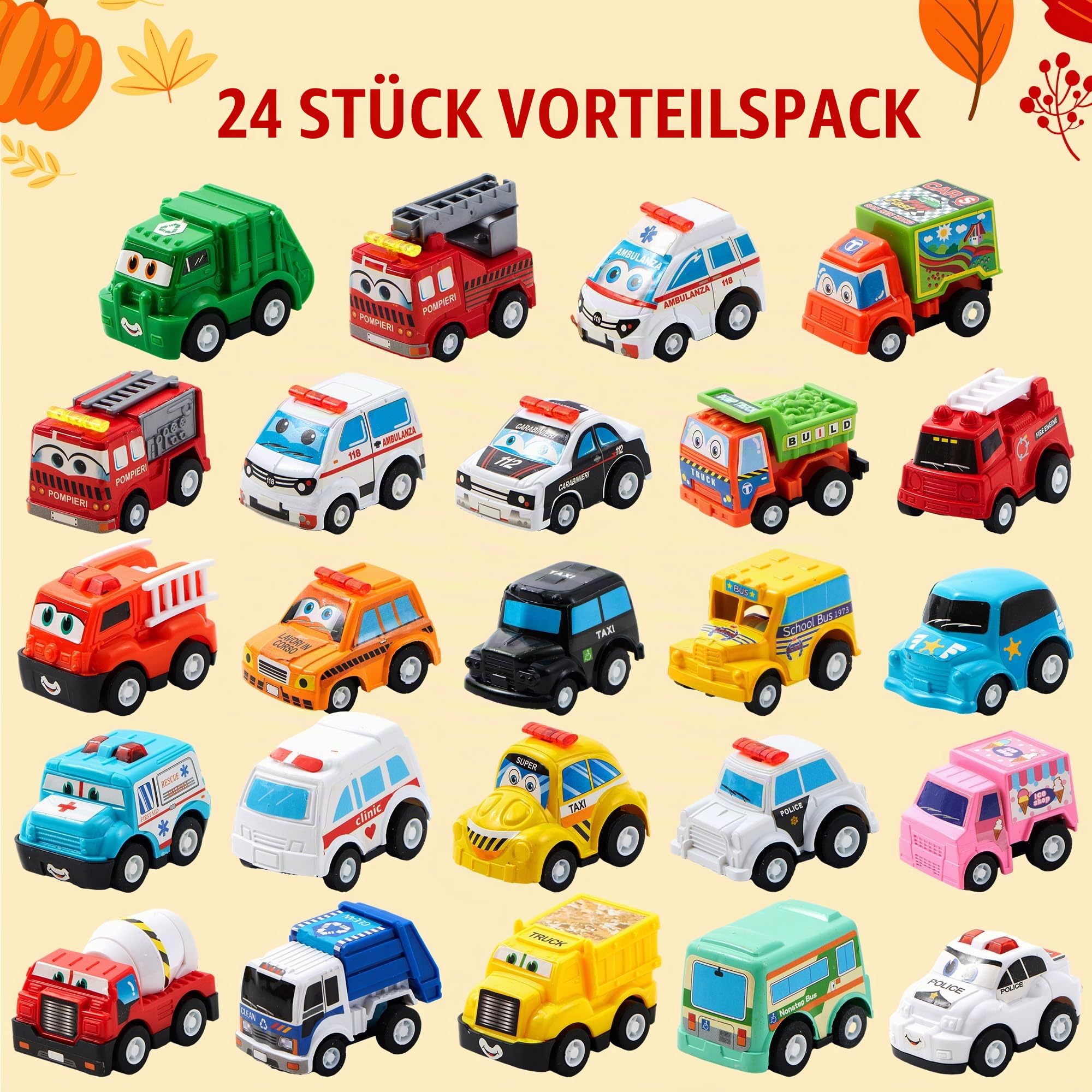 JOYIN 2024 Adventskalender Kinder Weihnachten 24 Tage Countdown Kalender Spielzeug für Kinder mit Pull Back Auto Spielzeug