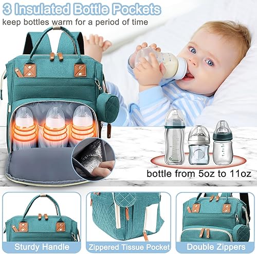 Miniatura 4 de Bolsa de pañales mochila para bebé, bolsa de pañales para papá y mamá con almohadilla, 16 bolsillos, Verde