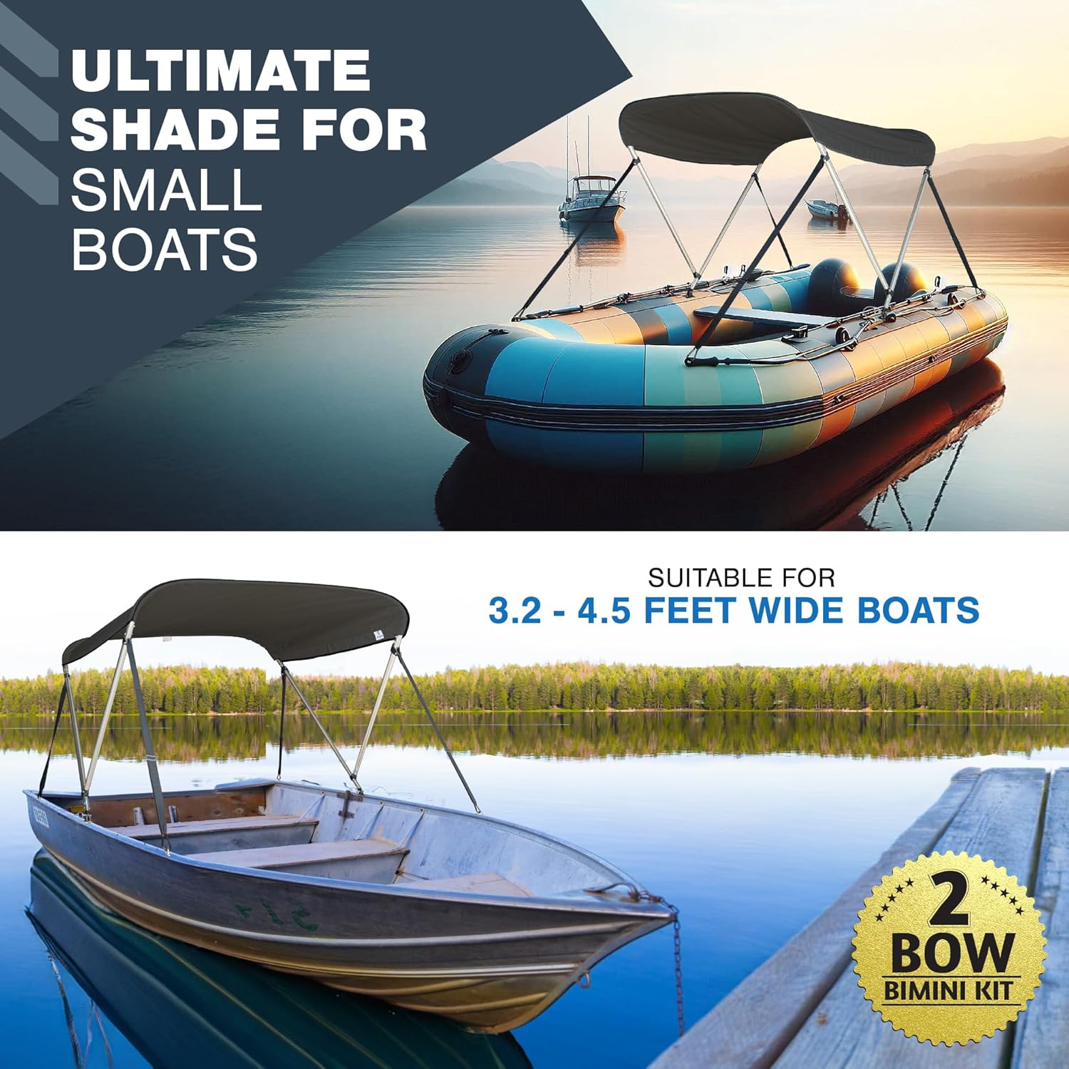 KNOX 2 Bow Bimini Tops for Boats, Boat Canopy Kit, 900D Canvas, Stainless Steel Bimini Top Hardware, Storage Boot, Fits Most Small & Inflatable Boats, 63" L x 43" H x 39"-55" W (Charcoal Gray)