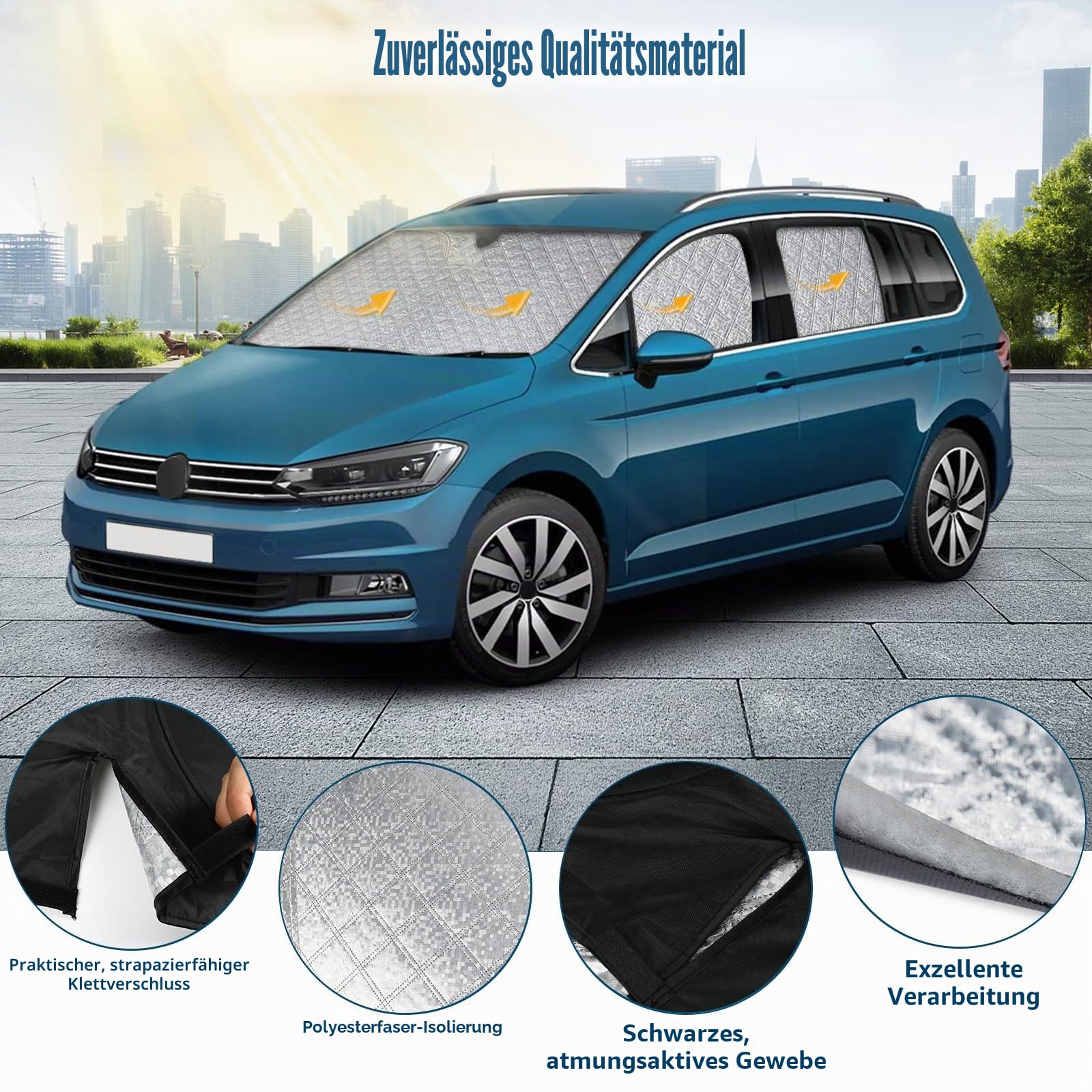 8PCS Sonnenschutz Auto Frontscheibe für VW Touran 5T 2016-2025 | Keine Saugnäpfe Erforderlich, Thermomatte Fahrerhaus Innen, Blockt UV-Strahlen, Privatsphäre und Effektiver Hitzeabwehr