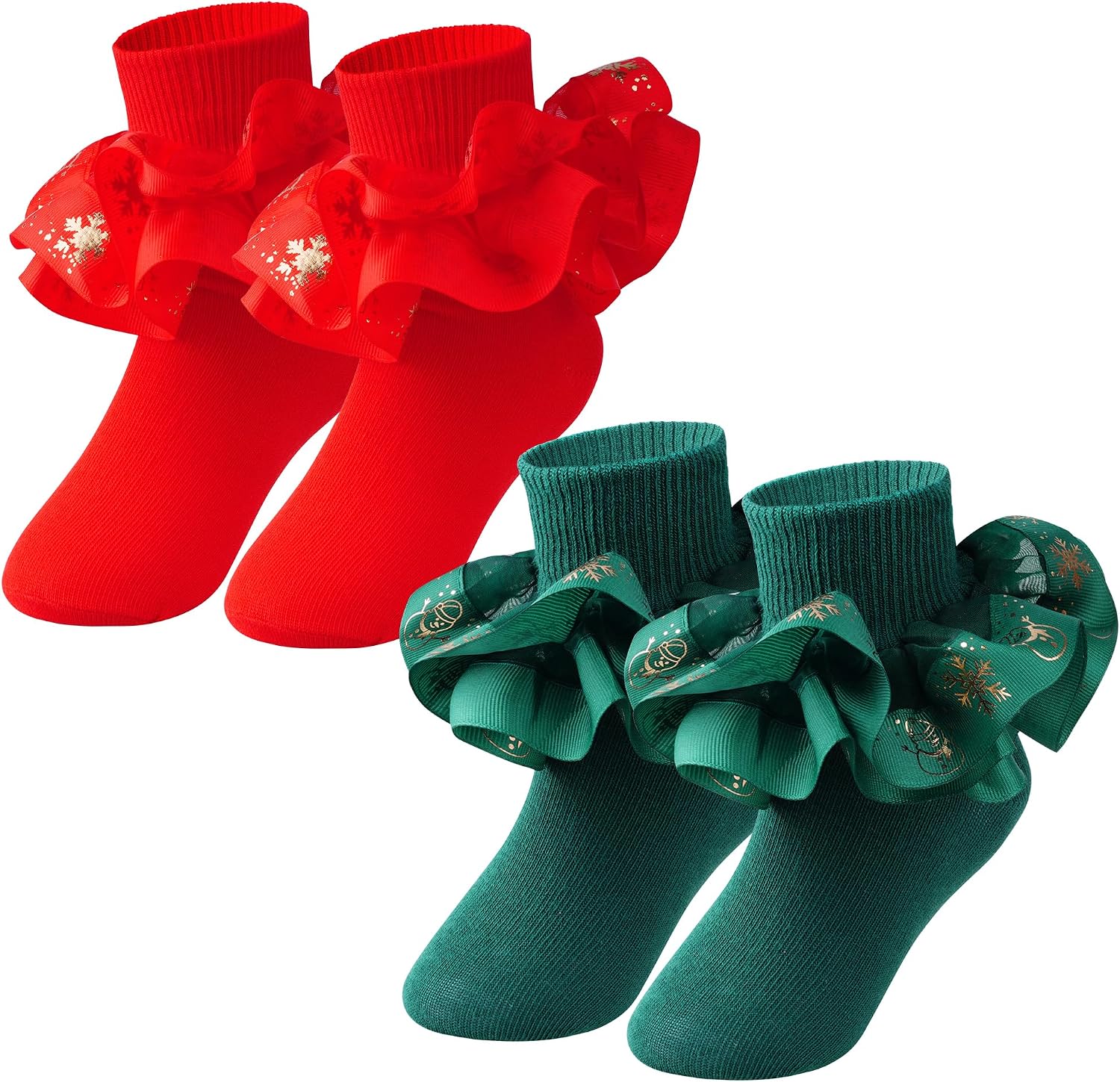 choyaxo 2 Pairs Christmas Ruffle Socks Big Double Ruffle Lace Trim Cotton Socks for Baby Girls Kids Princess Style Dress