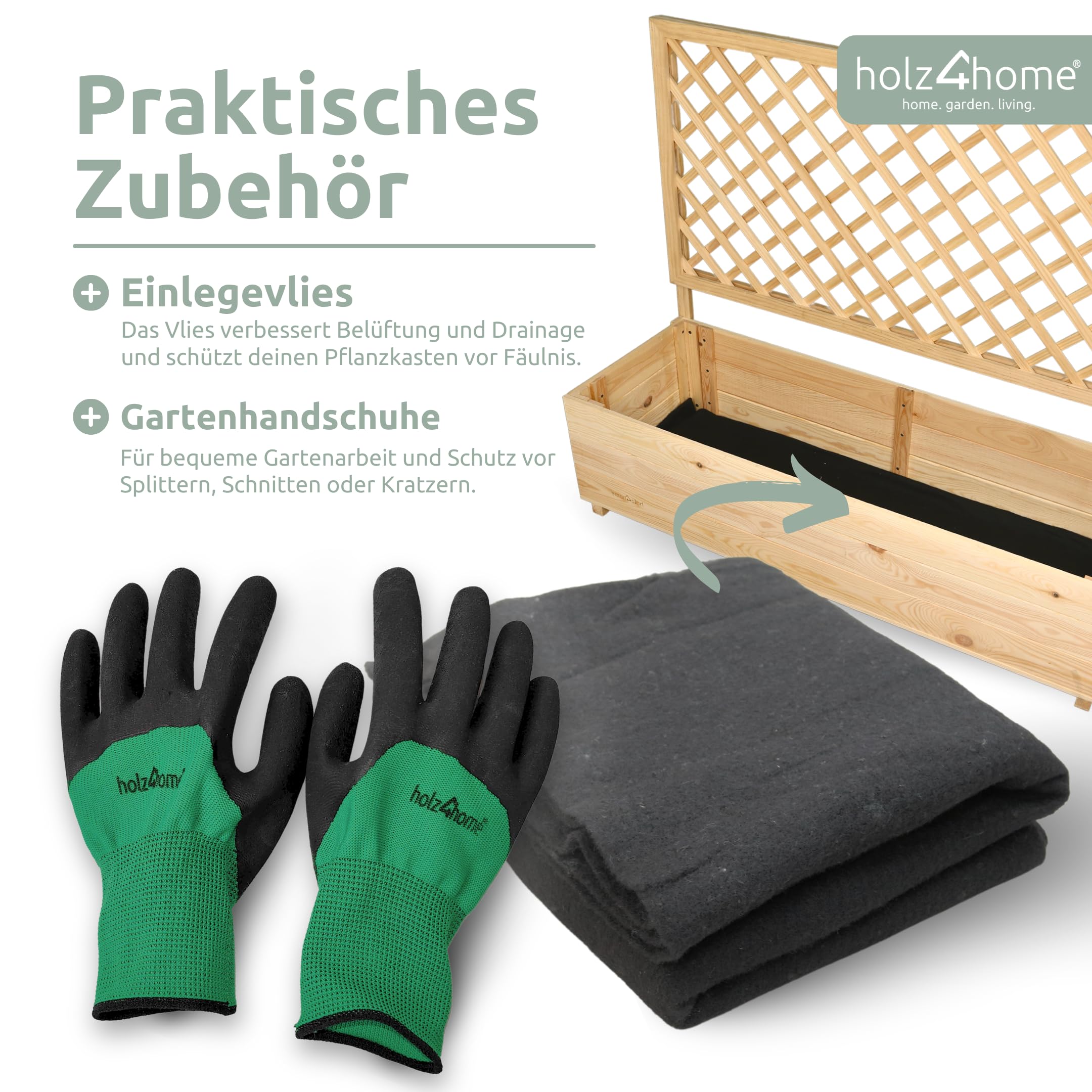 holz4home® Pflanzkasten mit Rankgitter XL aus Kiefernholz I 44x128x104 cm I inkl. Gartenhandschuhe & Vlies I Pflanzkübel mit Spalier I Hochbeet für Balkon als Sichtschutz I Blumenkasten