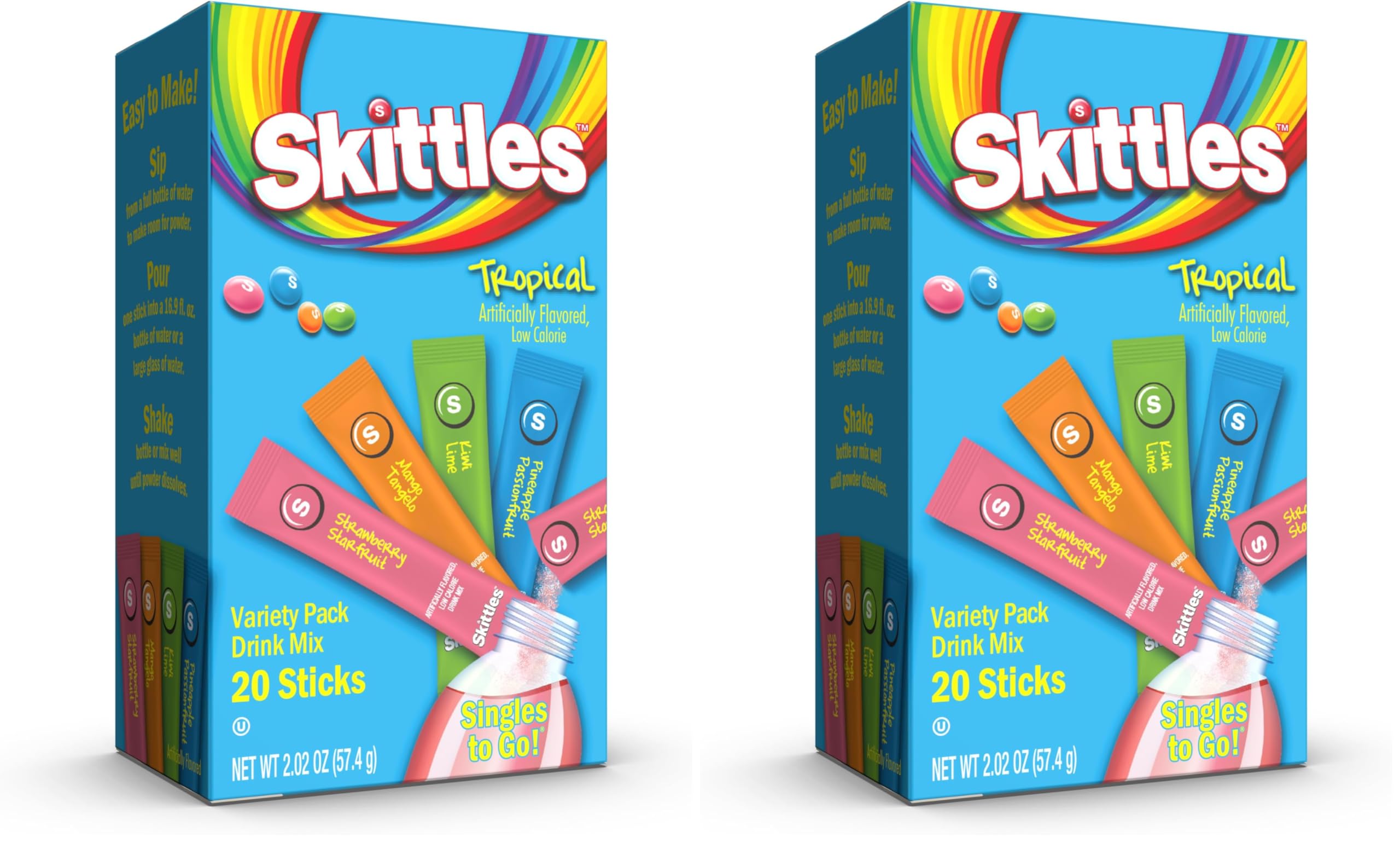 Skittles Singles To Go Variety Pack, Watertok Powdered Drink Mix, Zero Sugar, Low Calorie, Includes 4 Flavors, 1 Box (20 Single Servings) (Tropical) (Pack of 2)