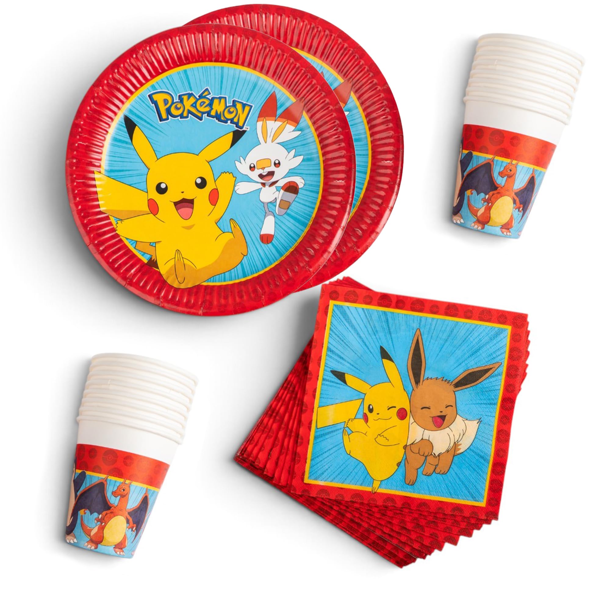 Procos - Pokemon Birthday Party Decorations, 52 Pieces, Paper Plates, Cups and Napkins for Children's Birthday Party, Party Tableware Supplies