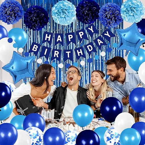 Miniatura 5 de Decoraciones de fiesta de cumpleaños azules para niños y hombres, pancarta de feliz cumpleaños, globos, azul marino, azul real, azul claro,
