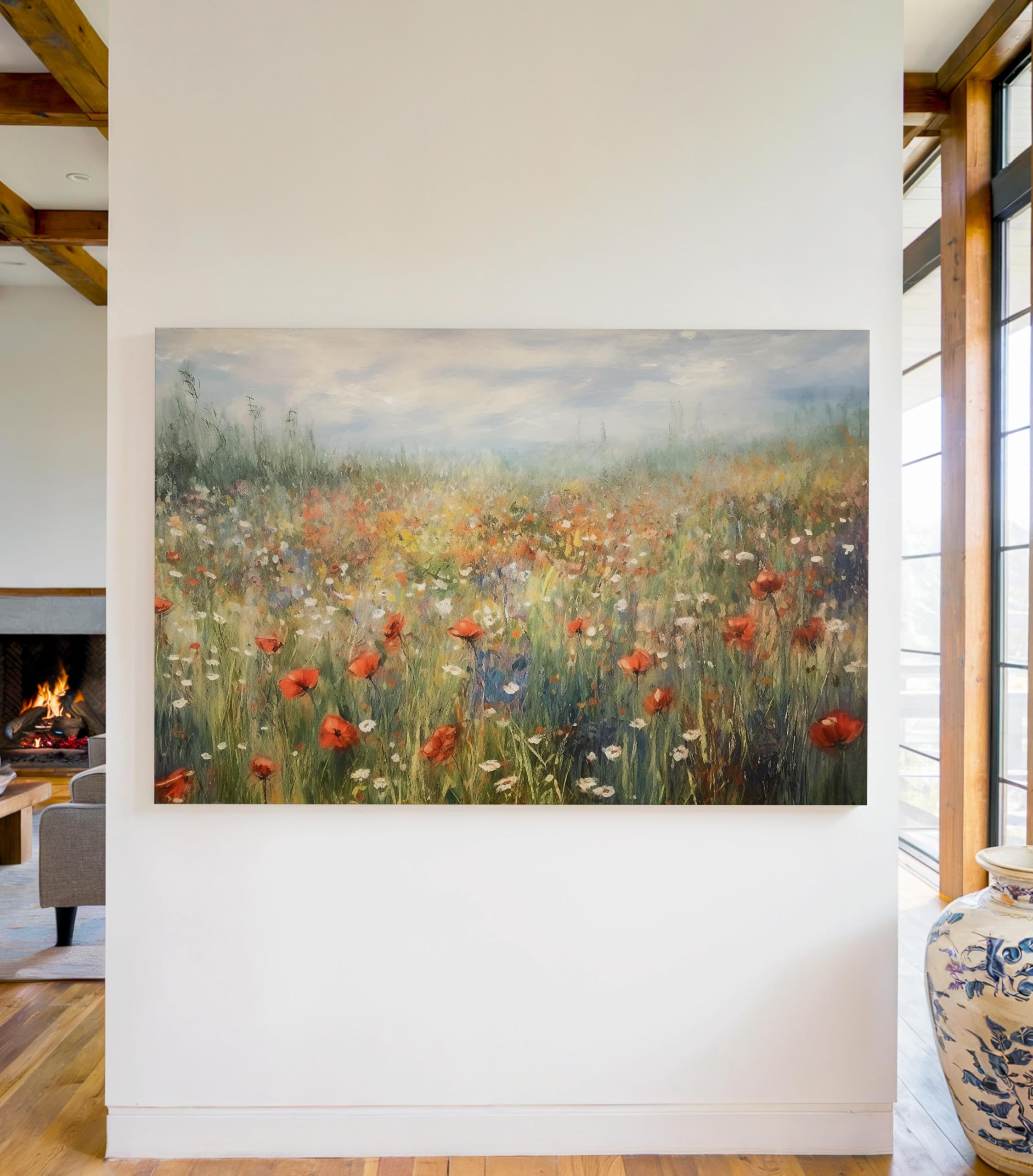 lianyibo Kwiatowa łąka na płótnie, druk artystyczny, polne kwiaty, rustykalny wystrój wiejski, obraz krajobrazu, 60 x 90 cm / rama wewnętrzna