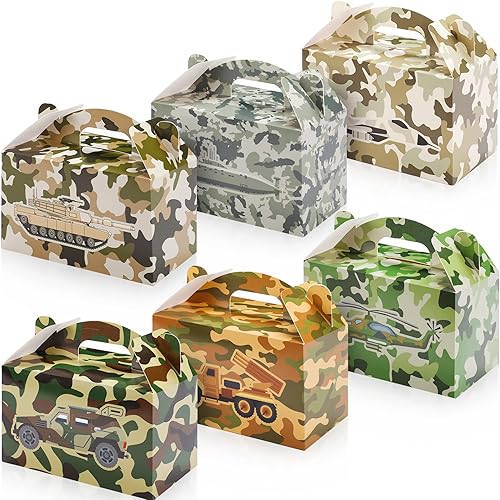 24 cajas de regalo de camuflaje para fiestas, cajas de camuflaje de papel de camuflaje con asa, suministros de fiesta de cumpleaños de camuflaje