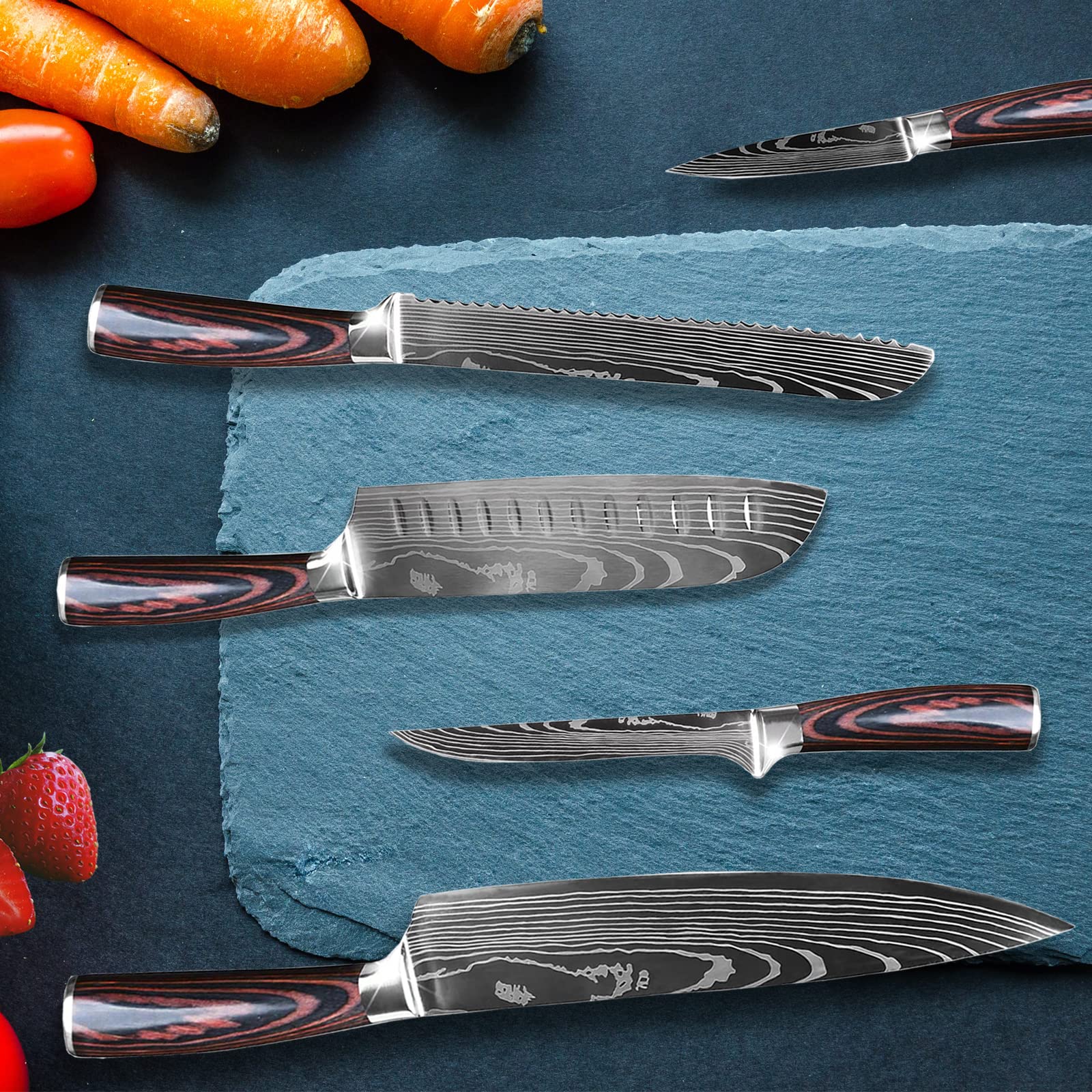 Messerset 5-tlg Küchenmesser Set mit Ergonomischen Griff, Profi Messer Set aus Hochwertigem Carbon Edelstahl mit Kochmesser, Brotmesser, Santokumesser, Ausbeinmesser, Gemüsemesser
