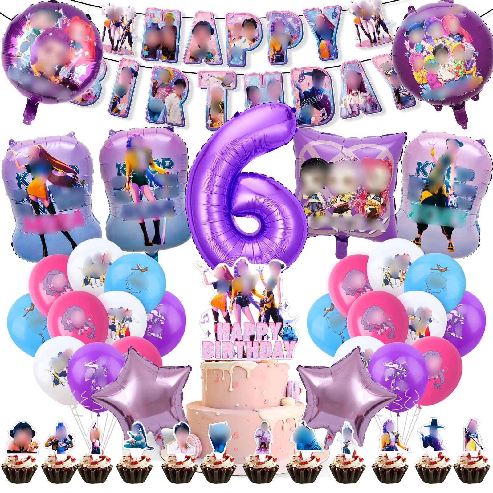 Birthday Party Decorations Supplies for kids 4 5 6 7 8 9 Years, 43pcs Kpop Happy Birthday Decorations with Banner, Balloons, Cake Topper, Cupcake Toppers