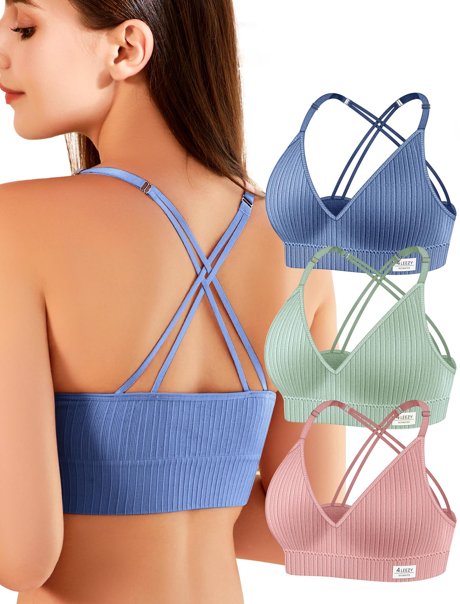 4Leezy Sports Bras for Women - Ribbed Wireless Soft Workout Tops Padded Bralettes Racerback Comfort Cami Crop S-XXL