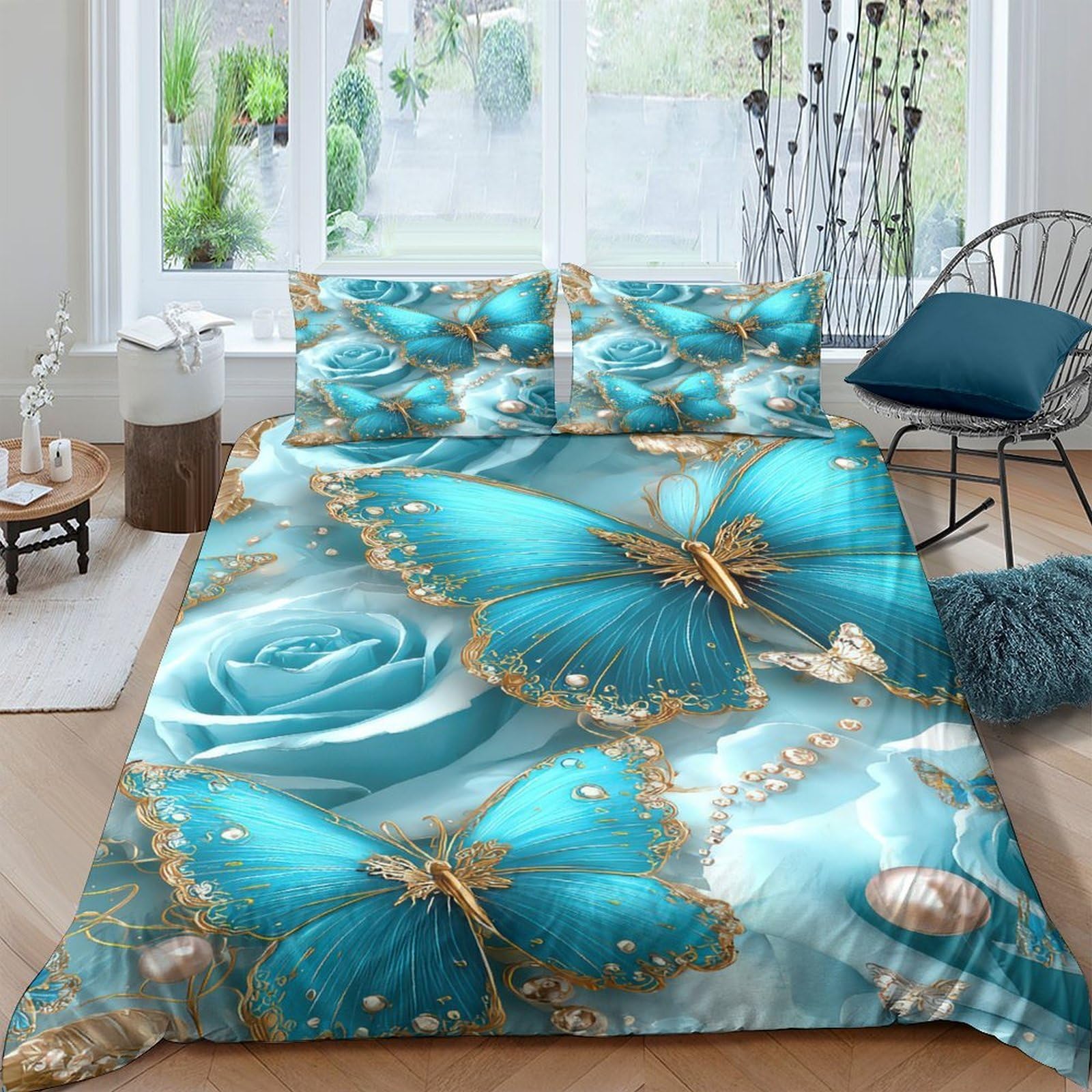 Ctjqhvkz Style-7 3D Printed Blue Butterfly Fitted Sheet Microfiber Rose Pattern Mattress Cover For Bedroom Guest Room Decoration Single（135X200cm）