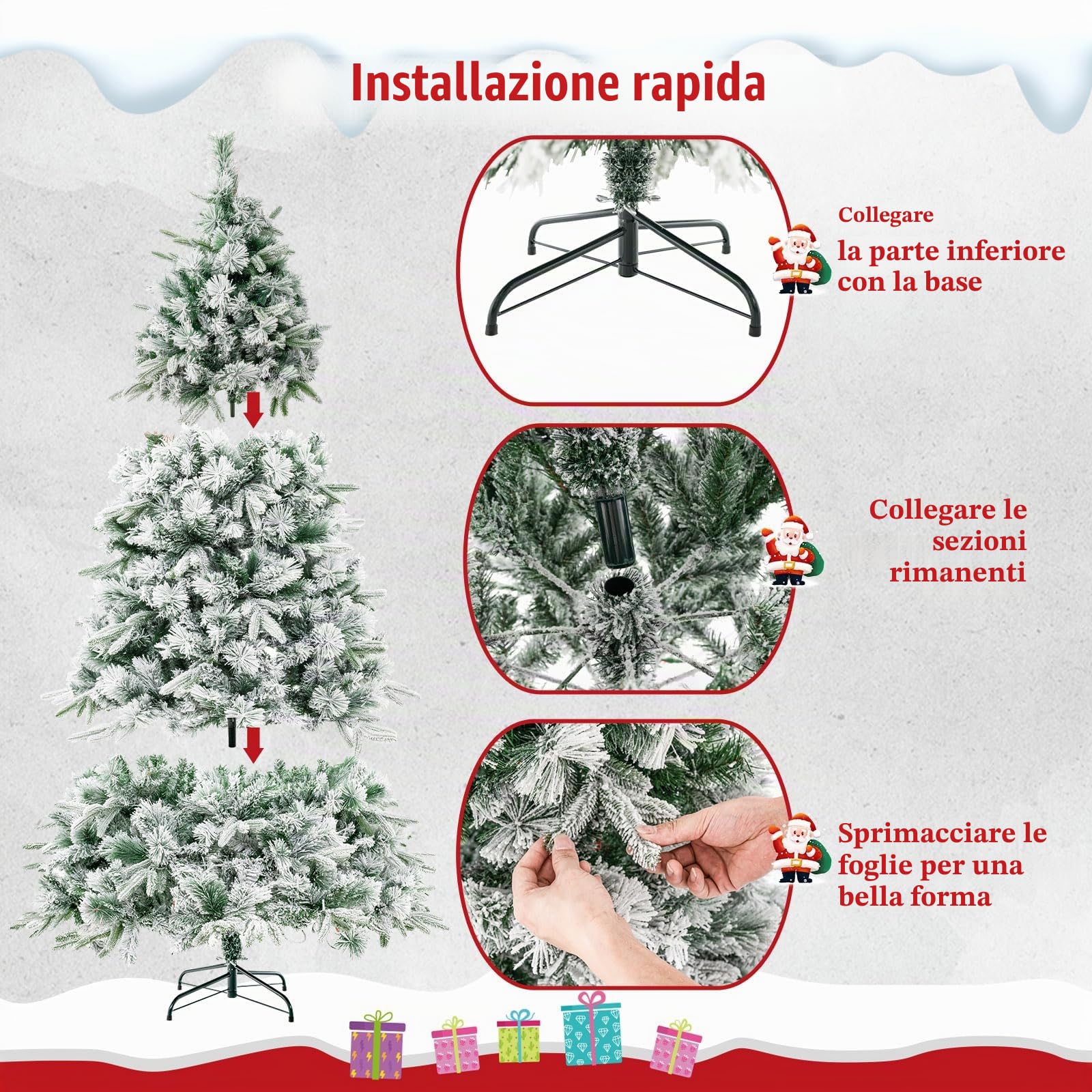 LIFEZEAL 215cm Albero di Natale Innevato con Luci Incorporate a LED, Albero Artificiale con 1096 Rami Foltissimi, Neve, Pop Up, Apri da Solo, Ignifuco, Decorazioni, Interno, Esterno, Christmas Tree