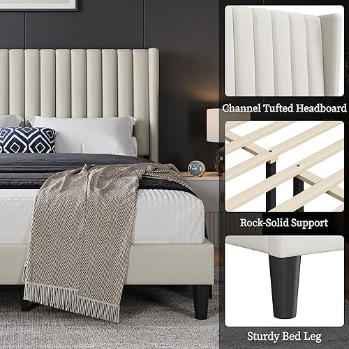 Miniatura 49 de Yaheetech - Base de cama matrimonial, plataforma tapizada con cabecera de borde ala, base de colchón de tela capitoné cuadrada, soporte de listones