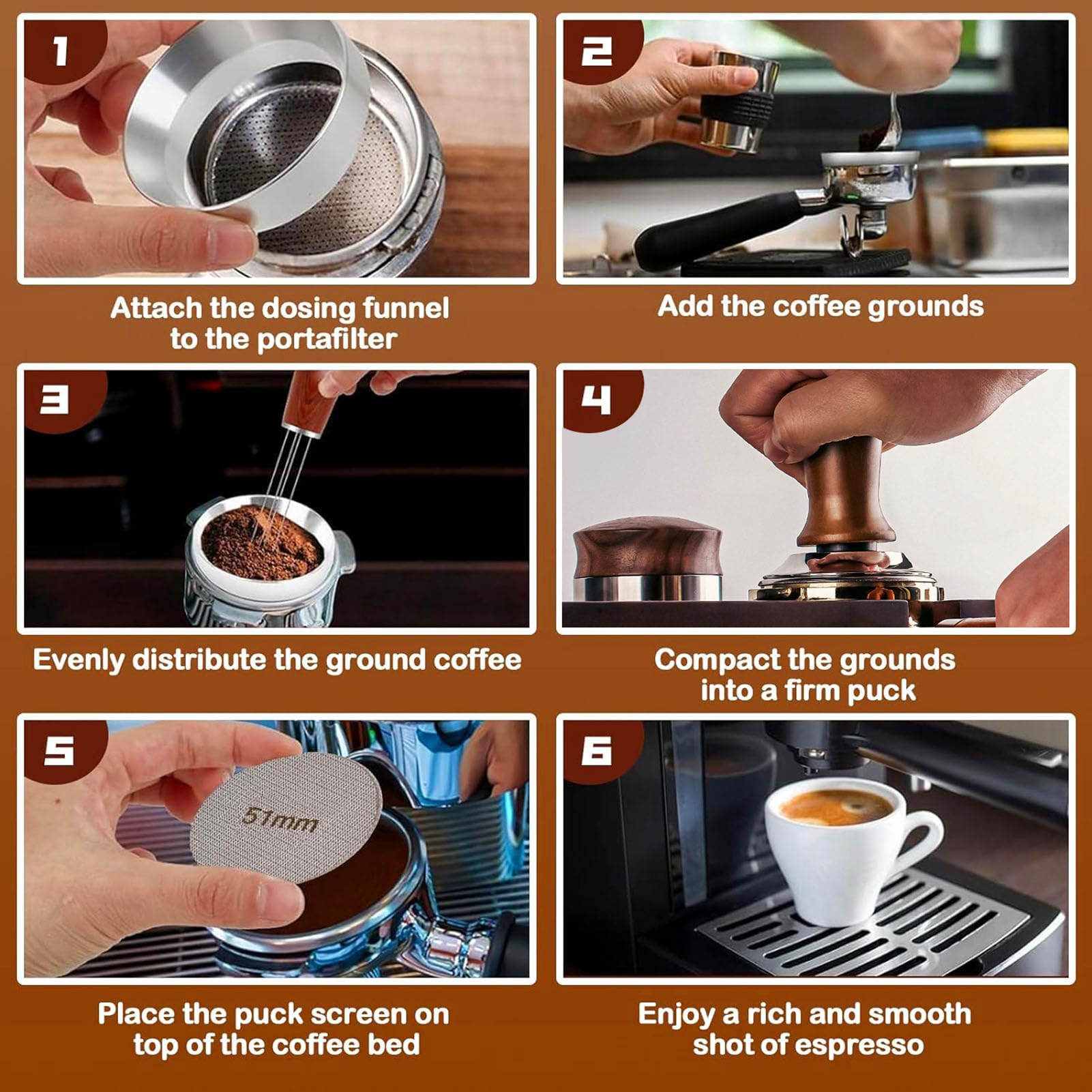 EMUKOEP Herramientas Profesionales de Manipulación de café, Embudo Dosificador de café de Acero Inoxidable para Portafiltro de 58mm