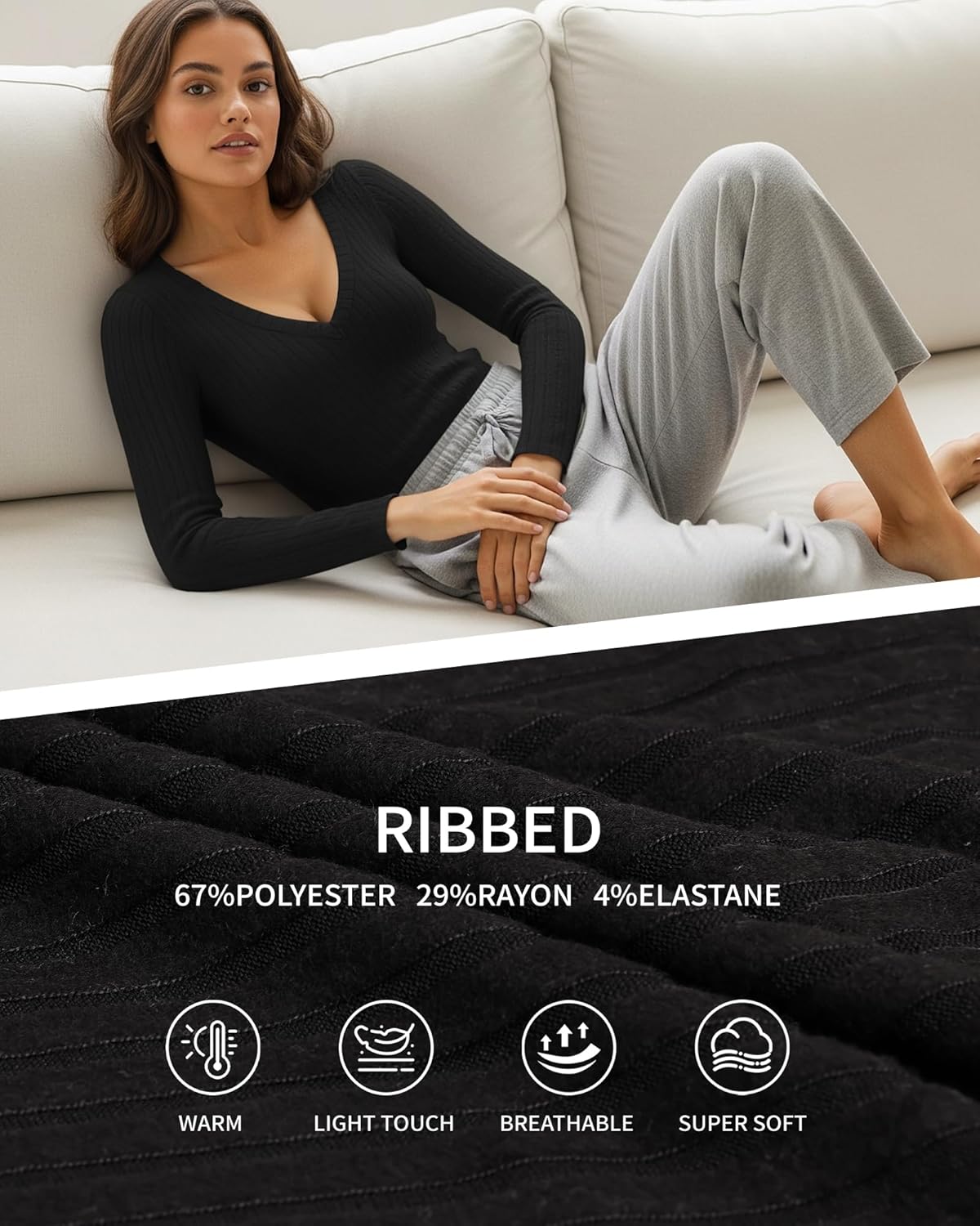 MANGOPOP Women's V Neck Long Sleeve Bodysuit Sweater Slim Fitted Body Suit Thermal Fleece Ribbed Knit Fall Tops 2025 - Image 4