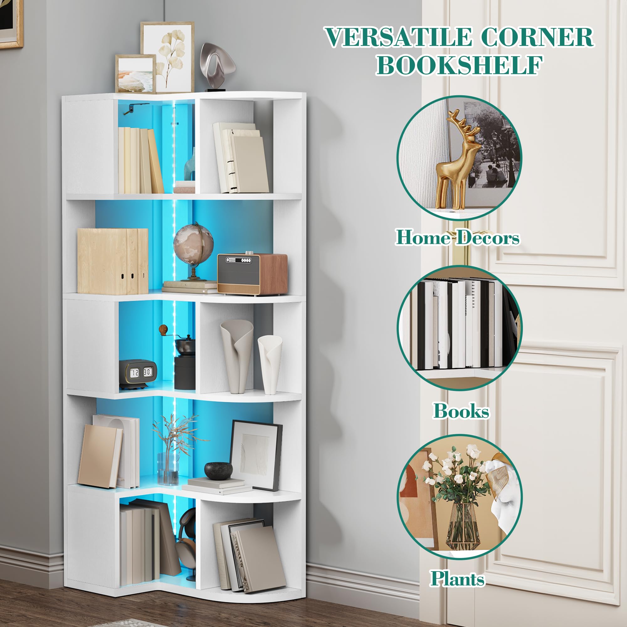 YITAHOME Libreria angolare a 6 ripiani con LED, a forma di L, scaffale angolare, scaffale da pavimento, per ufficio, studio, soggiorno, camera da letto, 64 x 41,5 x 159,5 cm, bianco