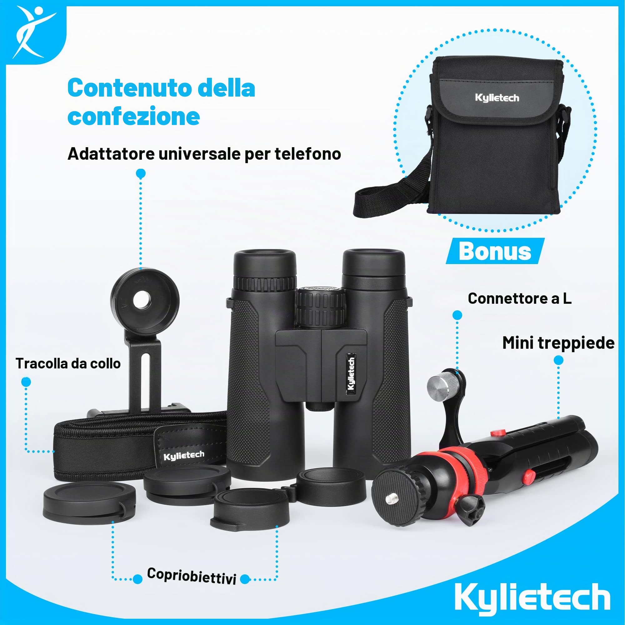 Kylietech 12 x 42 Binocolo Adulti, Portabile Telescopio Antiappannamento e Impermeabile con Adattatore per Smartphone, per Bird-Watching, Viaggi, Concerti