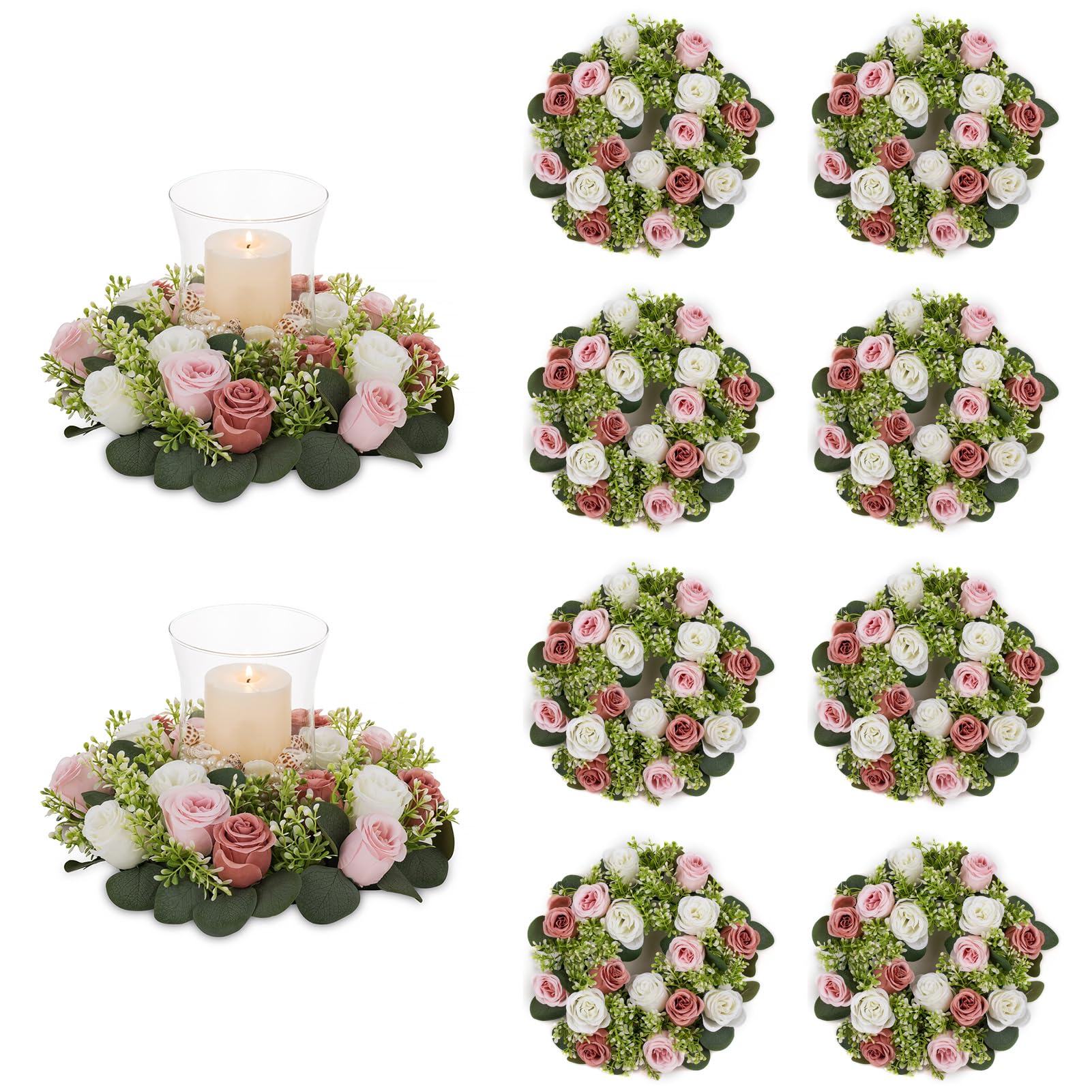 NUPTIO Flower Wedding Centerpieces for Tables: 10 Pcs 14 inch Diam Large Dusty Rose & White Artificial Flowers Fake Roses Candle Rings Wreaths Spring Summer Wreath for Front Door Weddings Party
