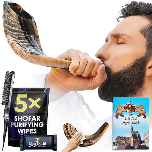 Shofar Horn Instrument – RAM Shofar Angels Musical Instrument – Half Polished/Natural (14-16, Full Set) - 14-16 - Full Set