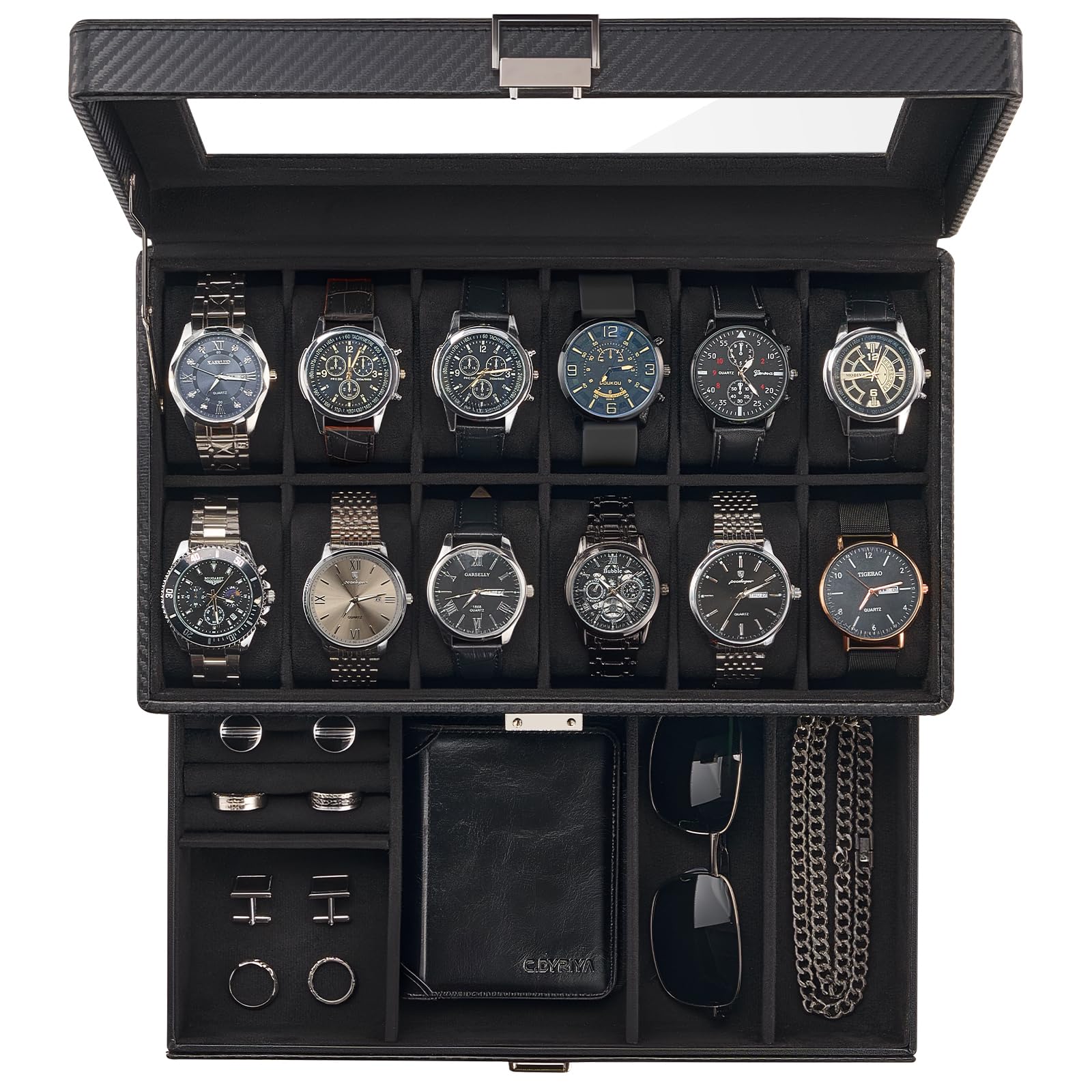 HVMBEUGOS Watch Box for Men, Jewelry Organizer Box with Drawer, Display Storage Case with Glass Lid -Allblack, 12 Slot