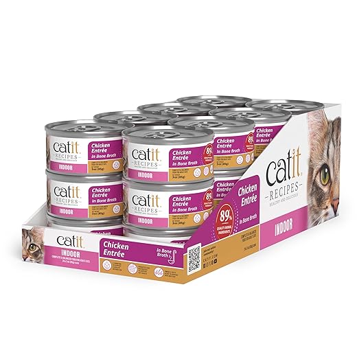 Catit Recipes Indoor Chicken Entrée – High-Protein Wet Cat Food with L-Carnitine, Bone Broth for Hydration, Omega-3 for Skin & Coat, and Prebiotics & Postbiotics for Gut Health 3oz (24/cs)