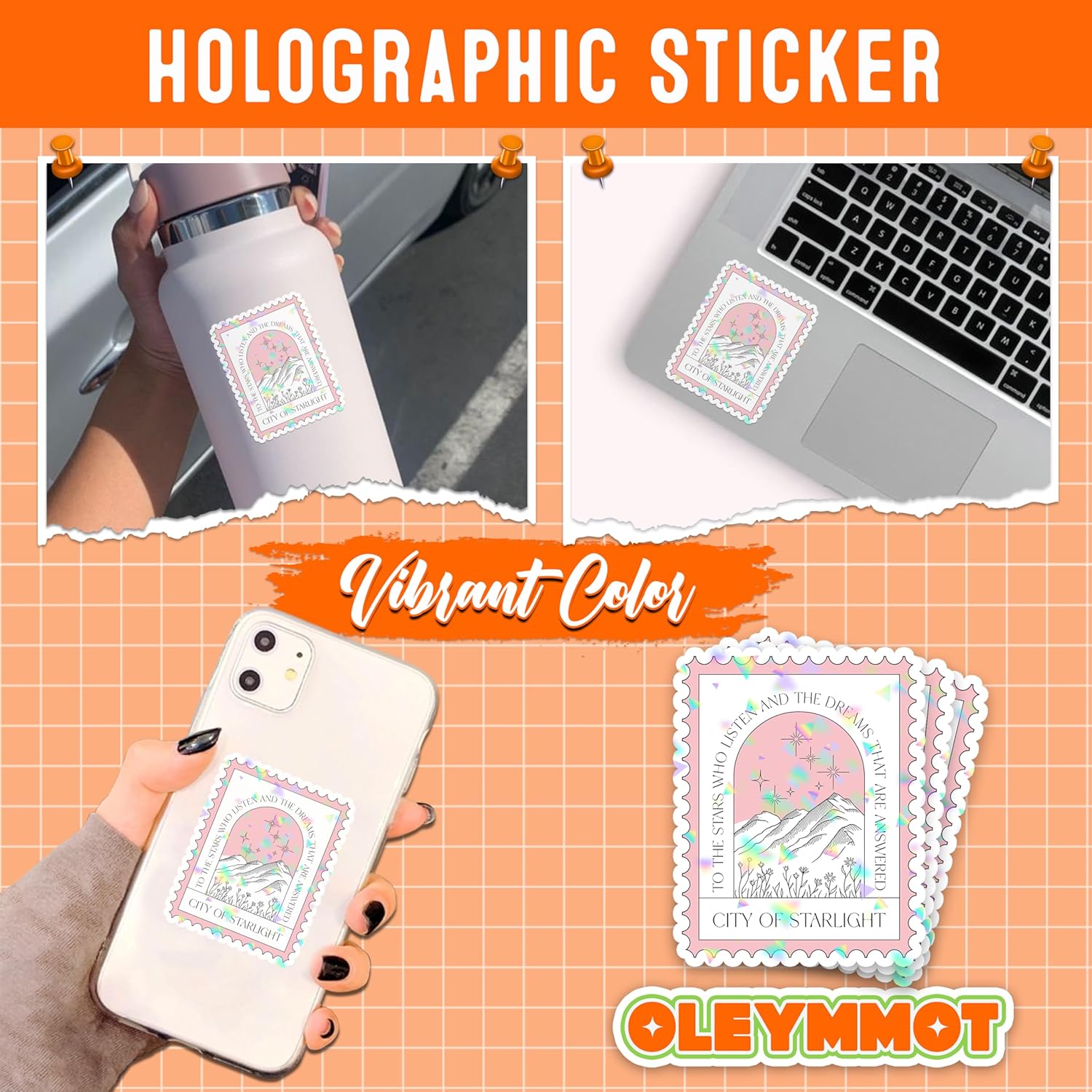 Set 3Pcs ACOTAR to The Star Who Listen City of Starlight Holographic Sticker Velaris Pink Stamp, Bookish Sparkle Sticker Romance Fantasy Book Reader Waterproof Die-Cut Vinyl Sticker 3 Inches - Image 3