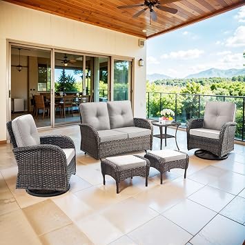 Belord 6 Pieces Wicker Patio Conversation Sets with Outdoor Swivel Rocker Chairs and Loveseat Glider Chair, All-Weather Rattan Furniture Set for Deck Patio Backyard Sunroom Brown