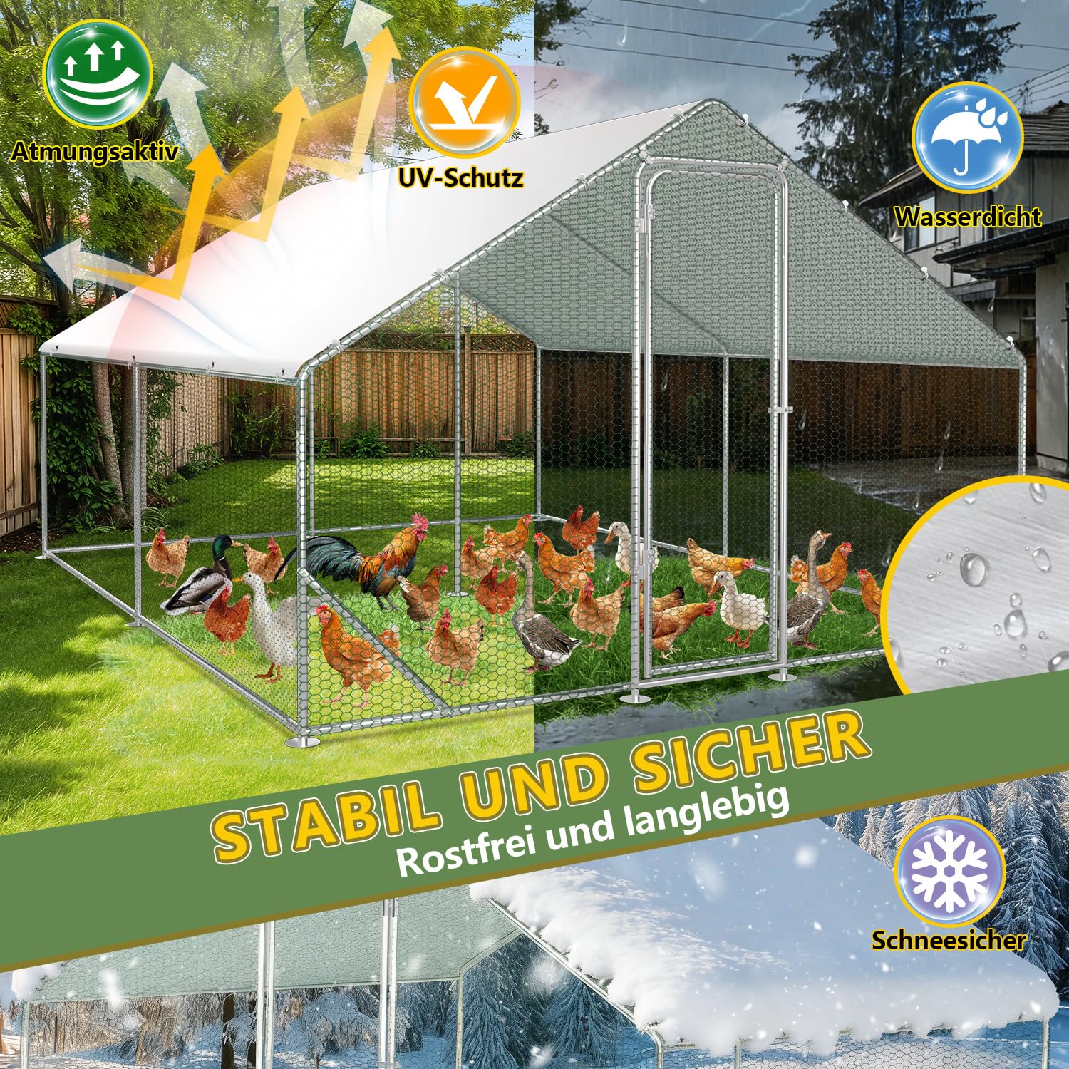 Recinzione a ruota libera 3 x 4 x 2 m – Cabina pollaio in acciaio zincato per piccoli animali domestici con tetto parasole e porta per gabbia per