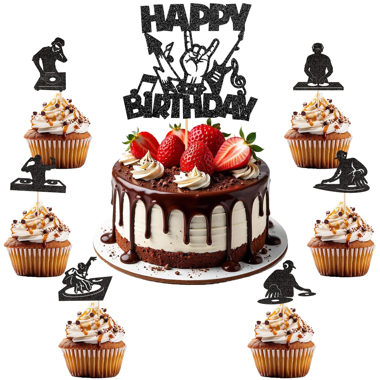 Music Theme Cake Topper - Rock Star Design, Easy Assembly, 13-Piece Set for Adult Birthday Party Decorations