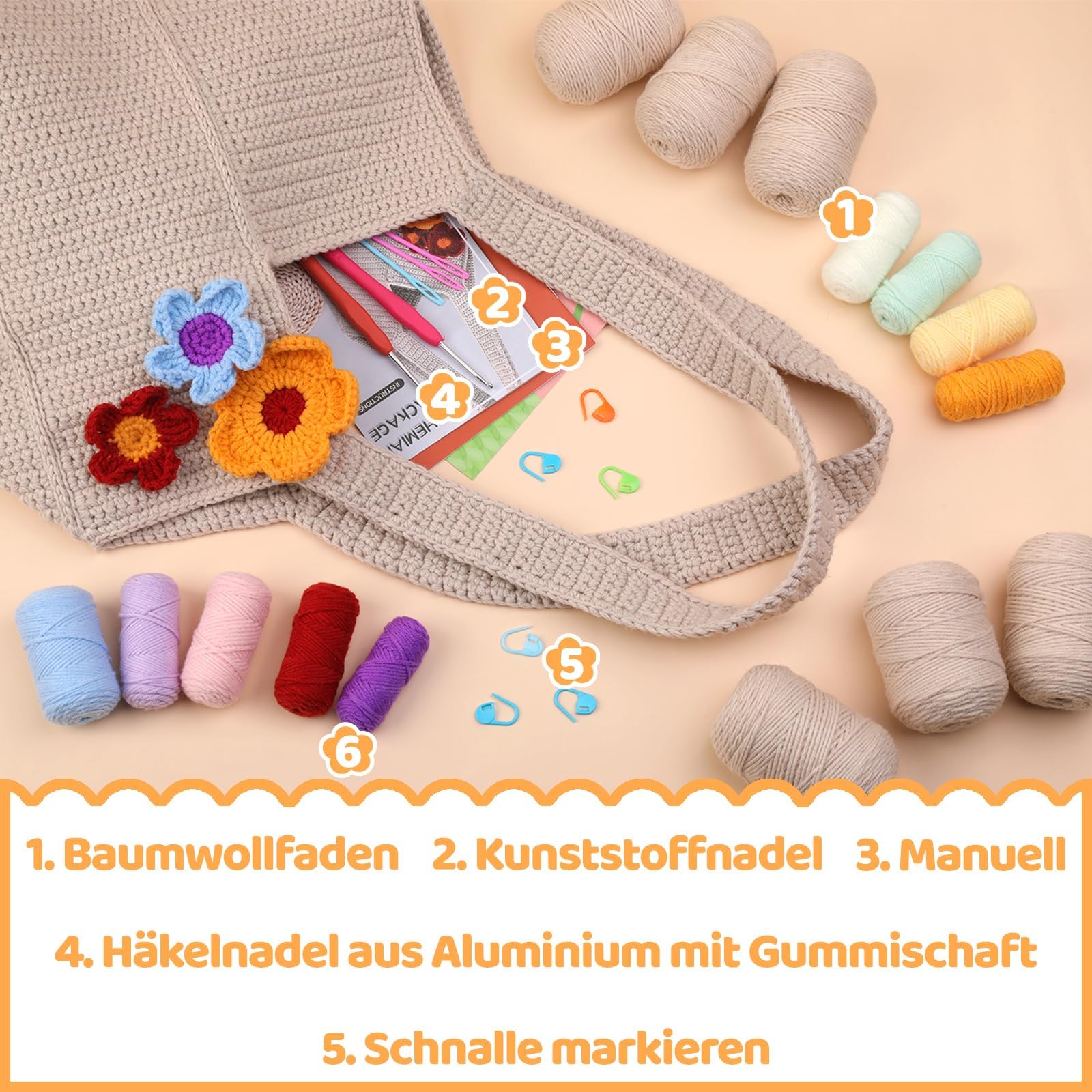 Deudy Häkelset für Anfänger, Crochet Häkel Set Rucksack Kit, Komplett mit Garn, Häkelnadel, Anleitung, Ideal für Hook & Step-by-Step Video Tutorials DIY Shoulder Bag Crafting Gift for Adults (Khaki)