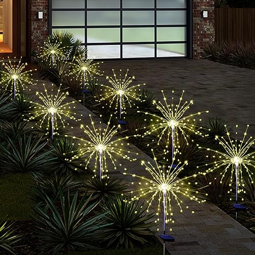 Vista 65 de Luces solares de fuegos artificiales para jardín, impermeables, paquete de 6, 120 luces LED, coloridas, para patio, patio, acera, Navidad, fiestas